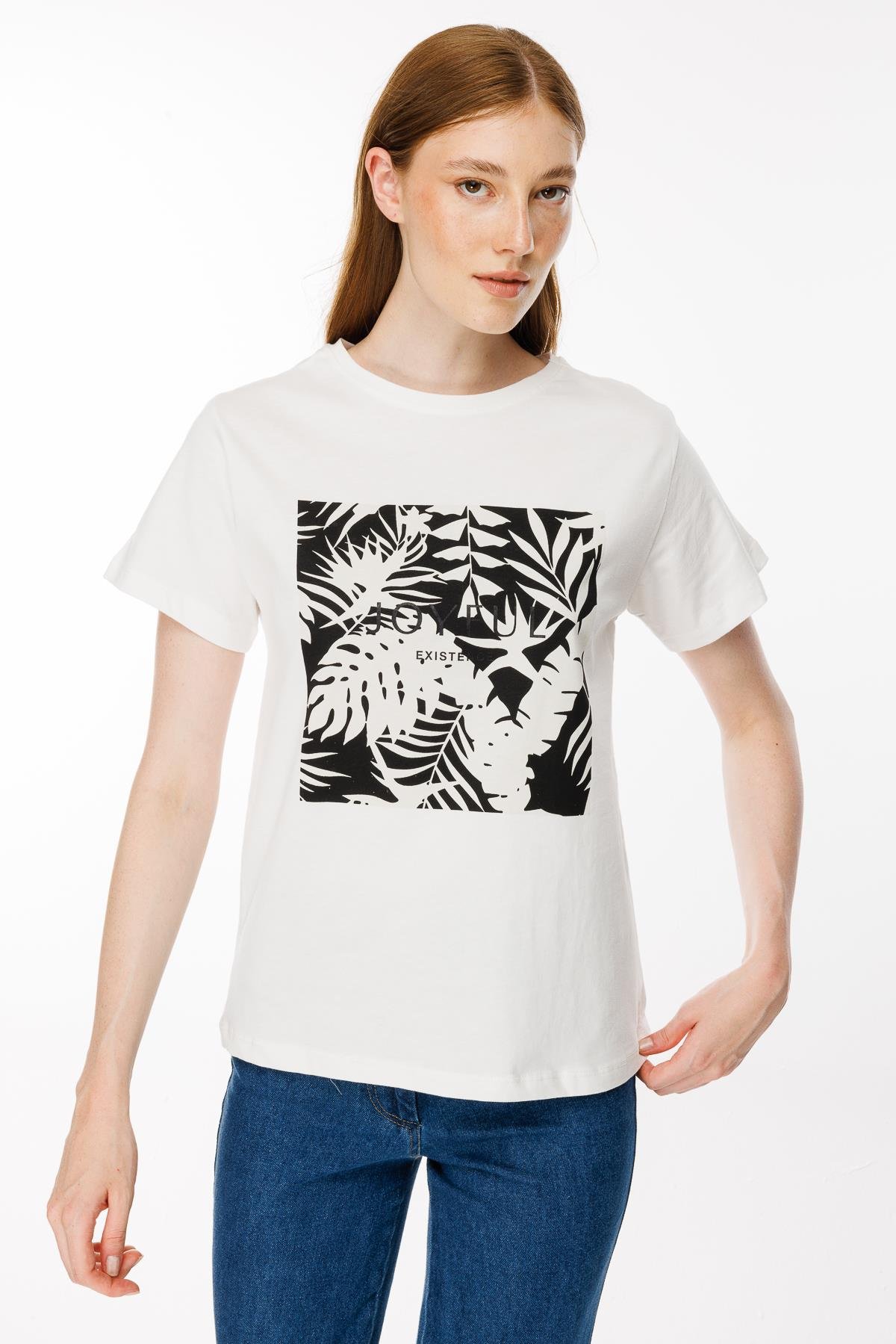 Yaprak Baskı Desenli Tişört - BEYAZ/SİYAH
