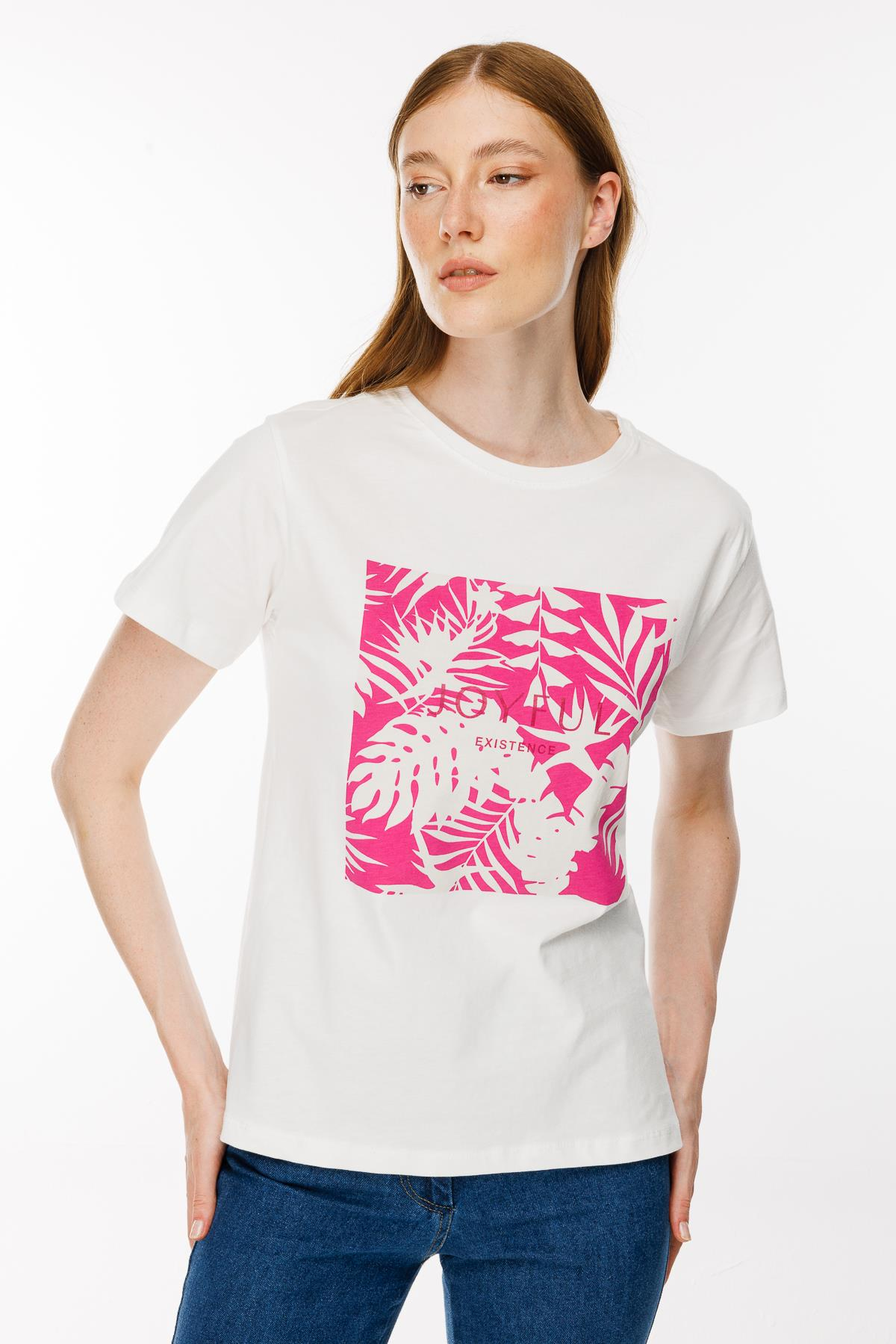 Yaprak Baskı Desenli Tişört - FUJYA/EKRU