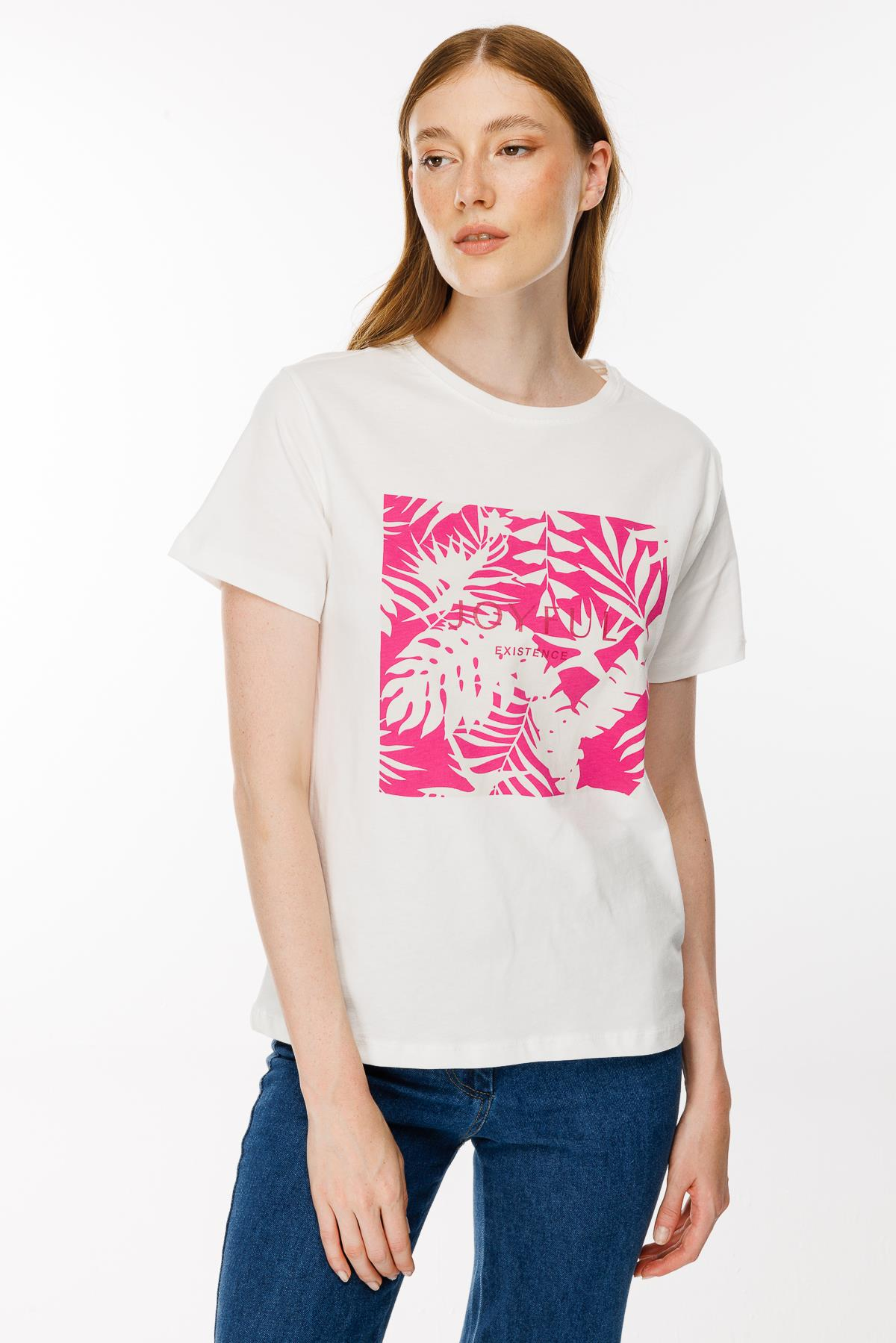 Yaprak Baskı Desenli Tişört - FUJYA/EKRU