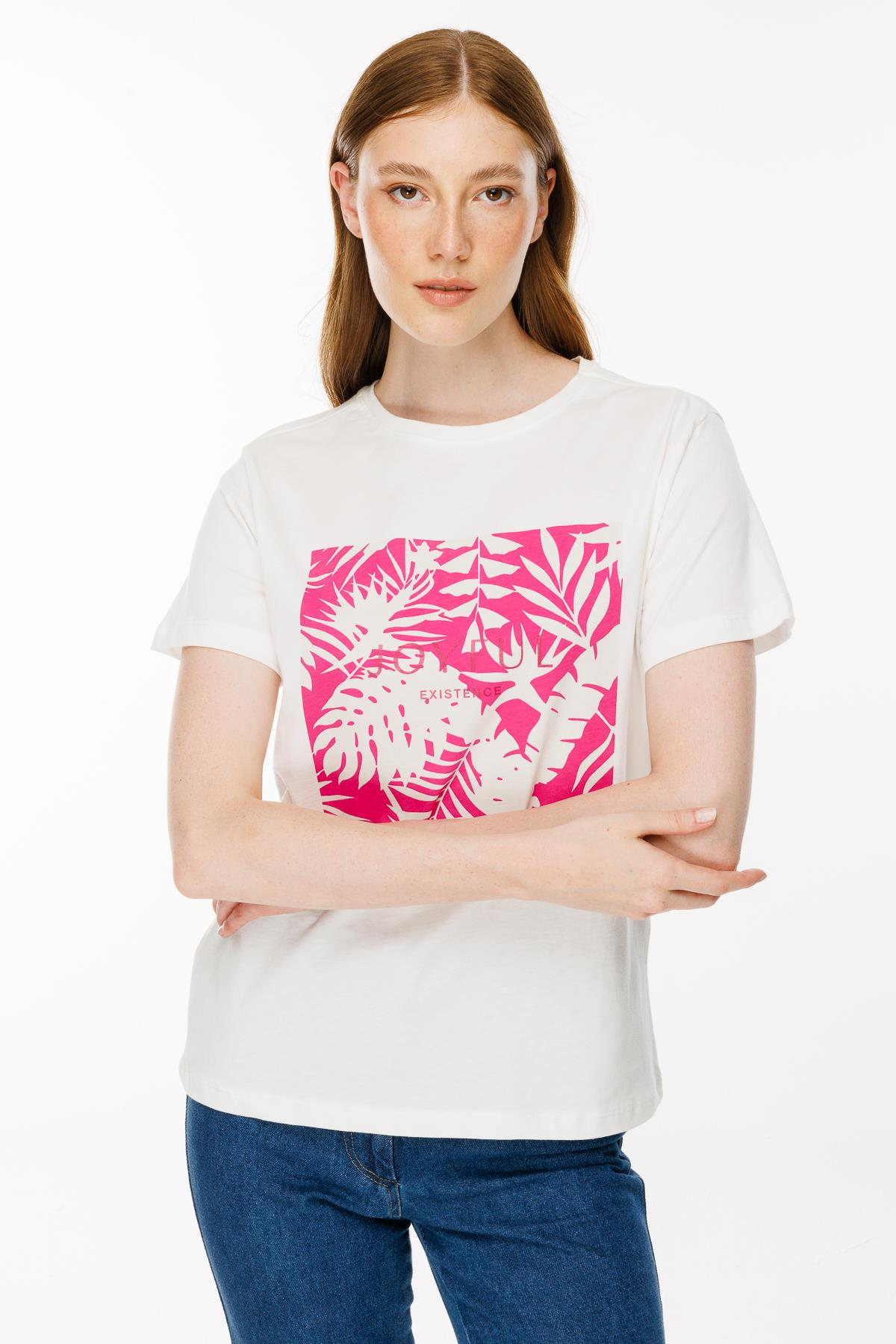 Yaprak Baskı Desenli Tişört - FUJYA/EKRU