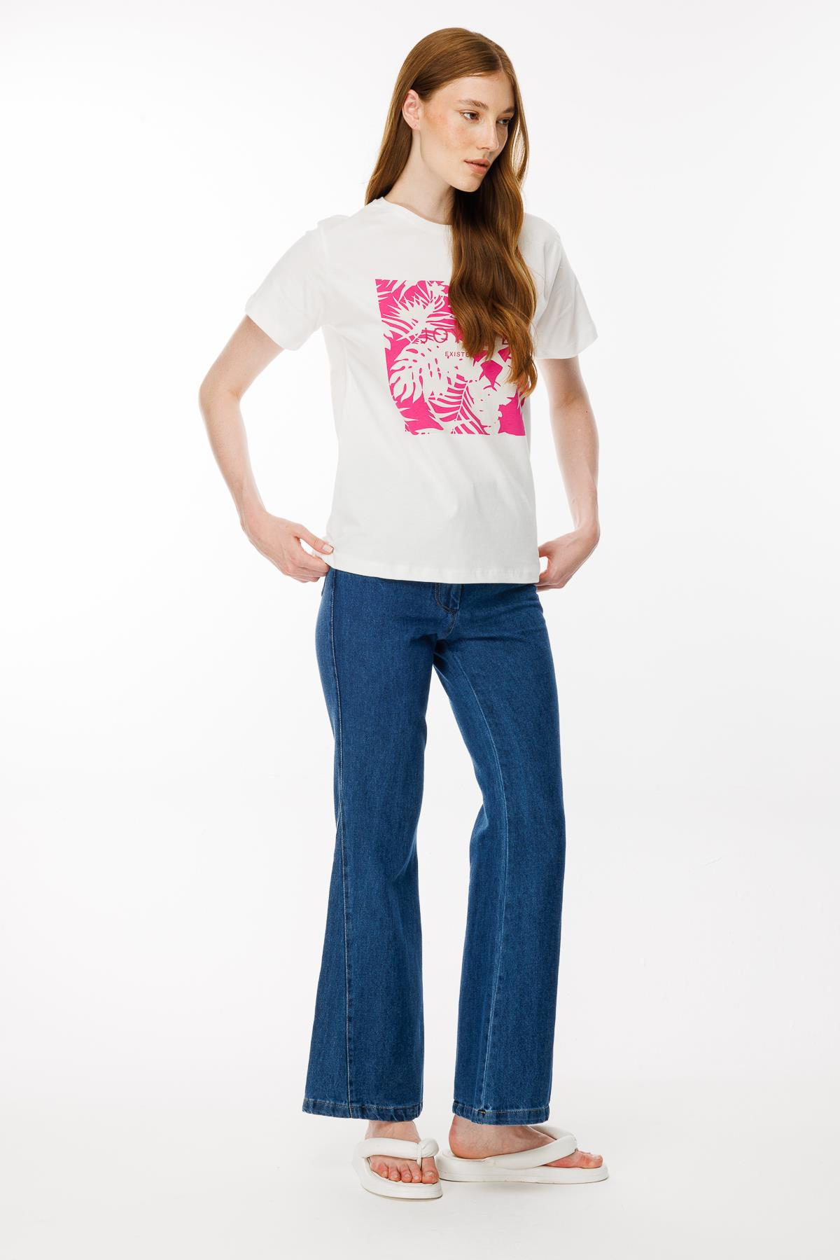 Yaprak Baskı Desenli Tişört - FUJYA/EKRU