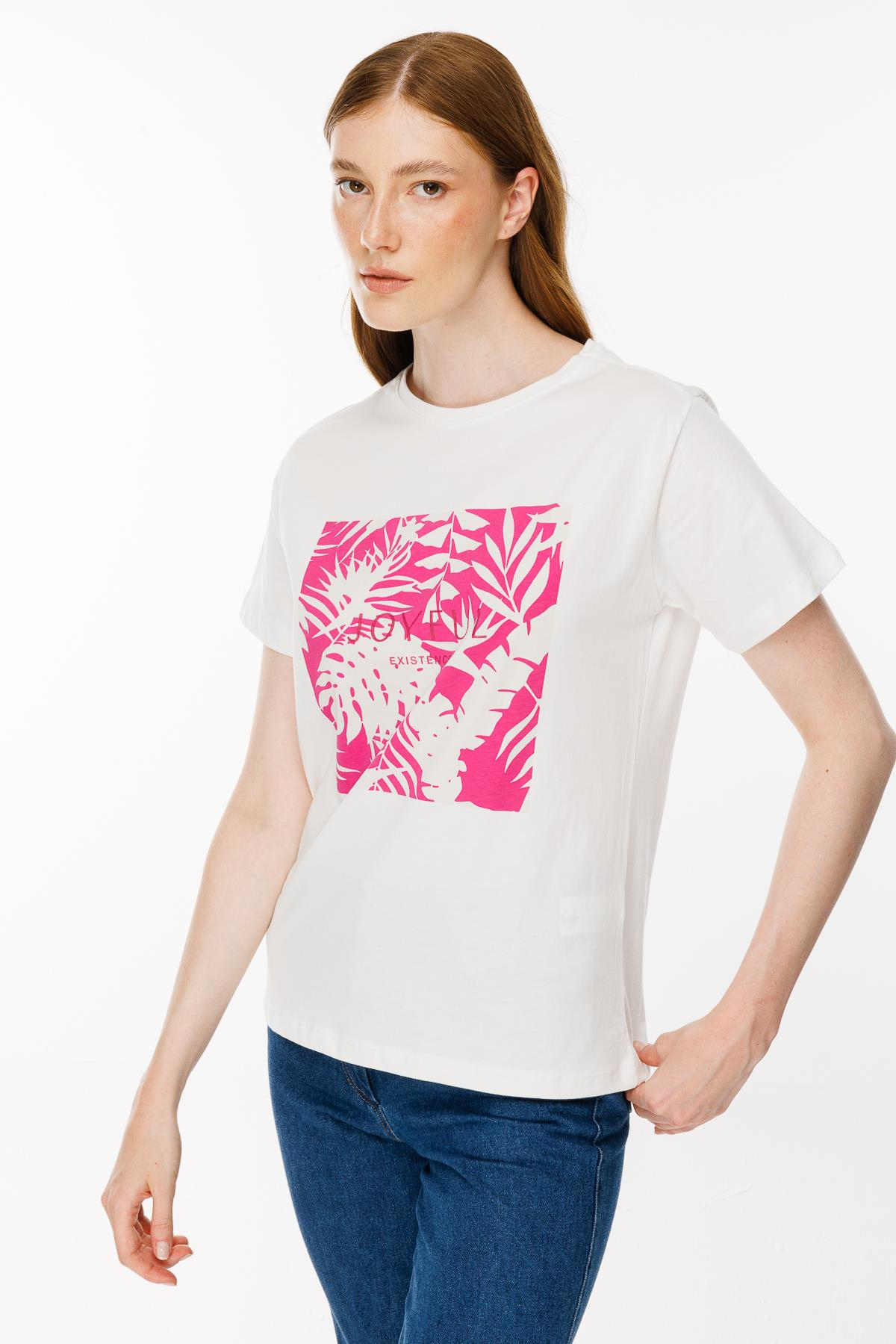 Yaprak Baskı Desenli Tişört - FUJYA/EKRU