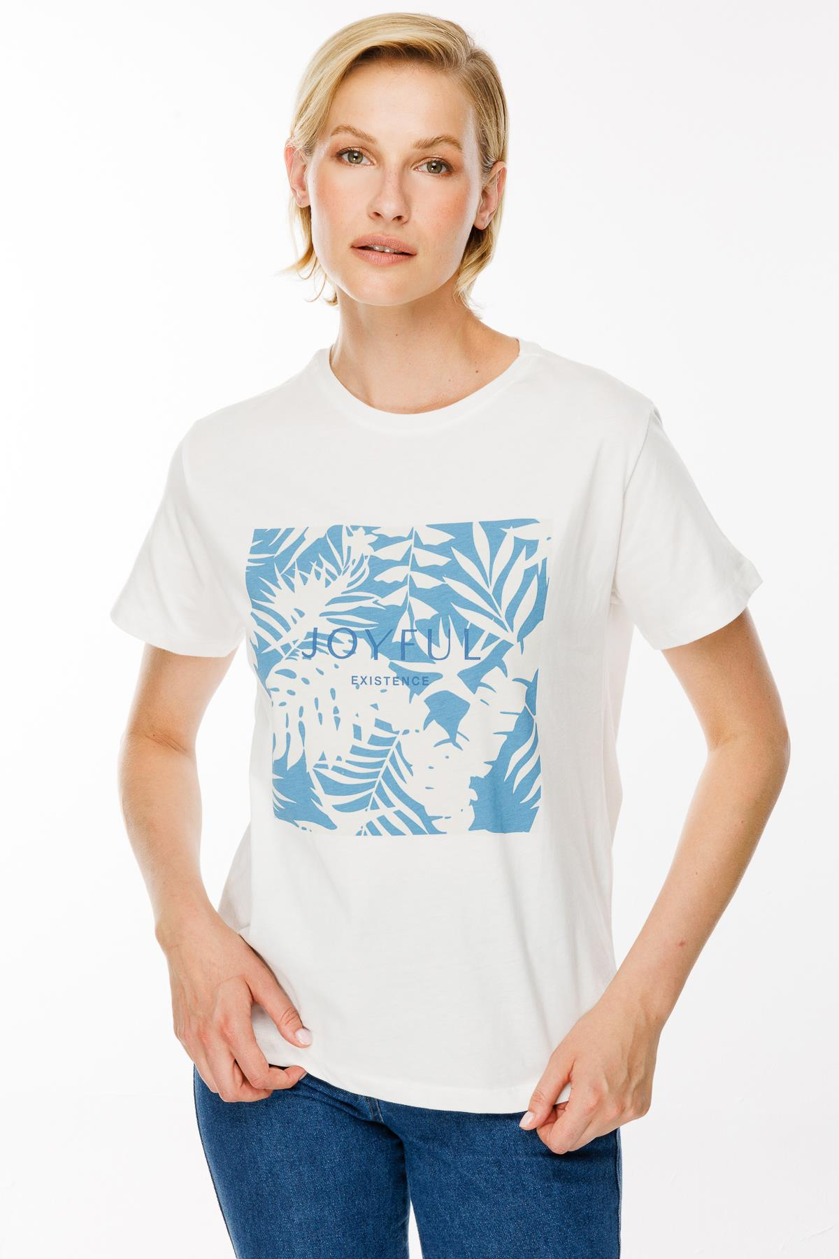 Yaprak Baskı Desenli Tişört - KEMİK-İNDİGO