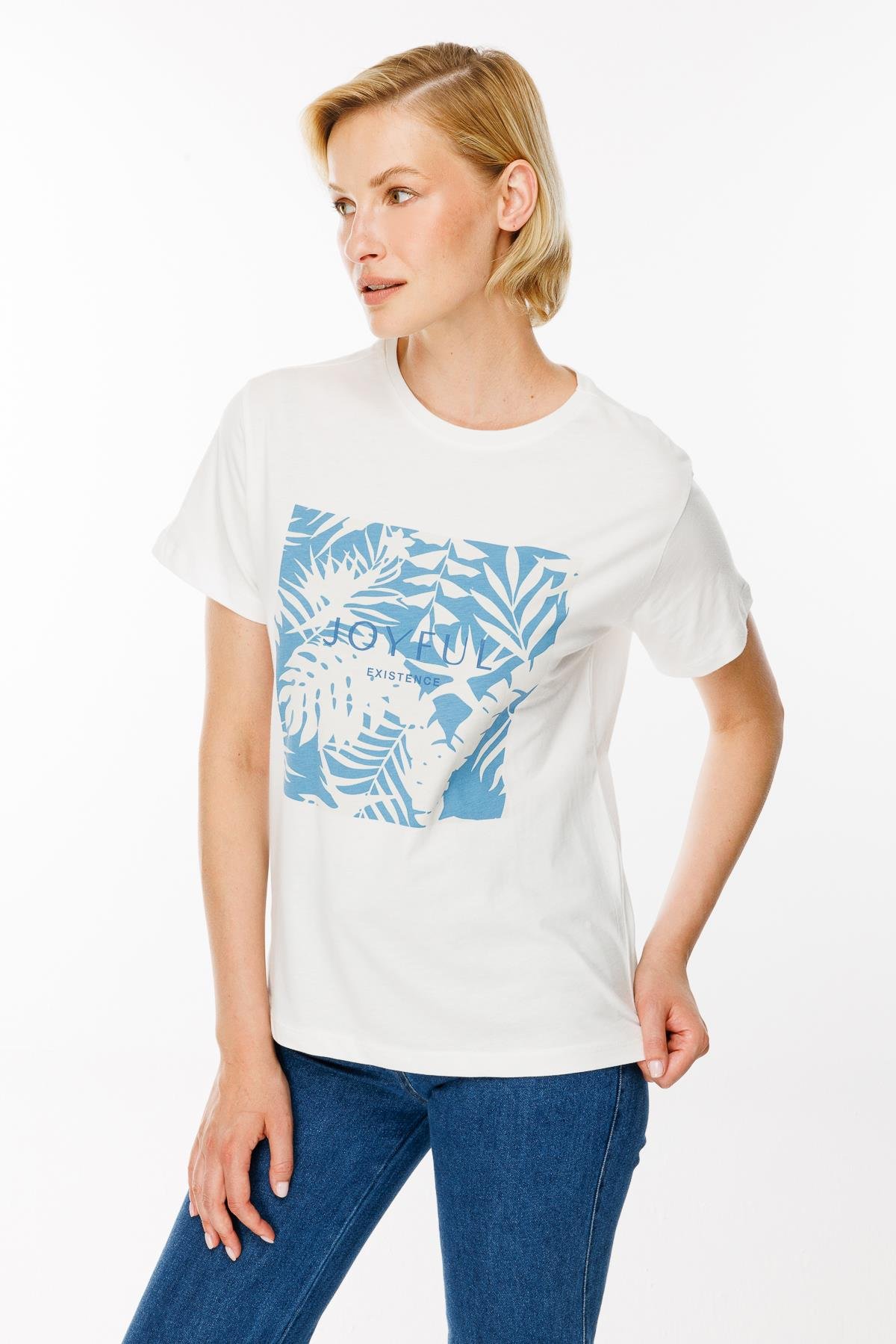 Yaprak Baskı Desenli Tişört - KEMİK-İNDİGO