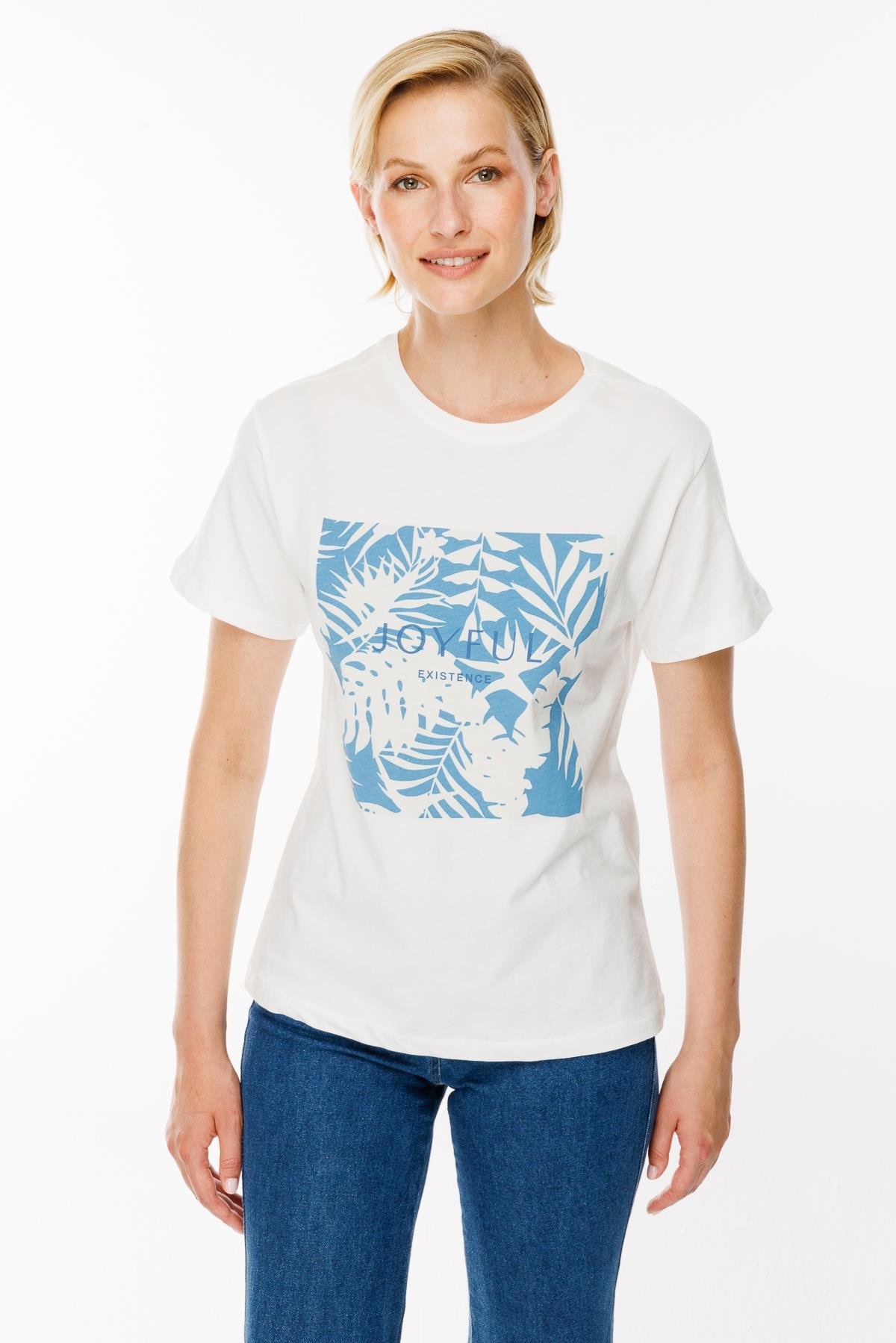 Yaprak Baskı Desenli Tişört - KEMİK-İNDİGO