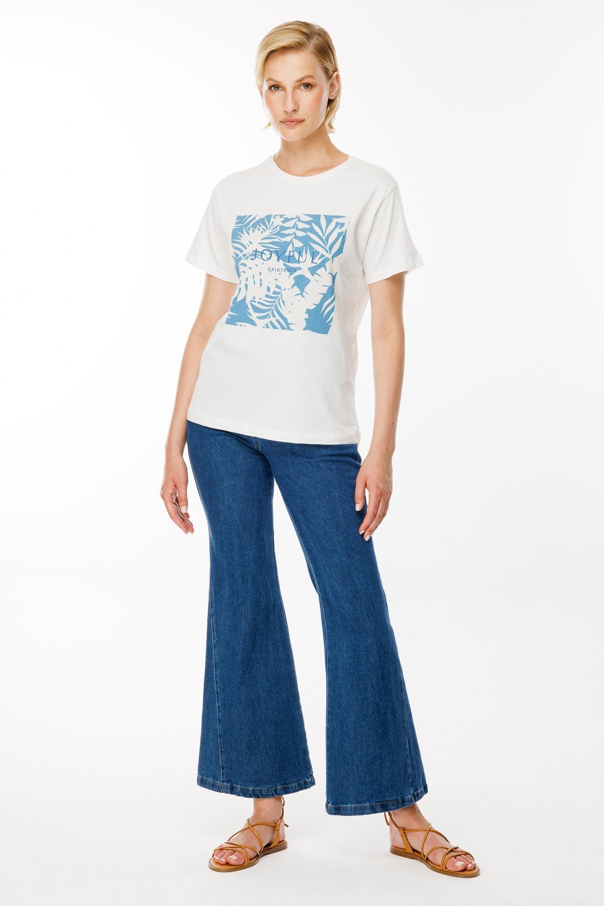 Yaprak Baskı Desenli Tişört - KEMİK-İNDİGO