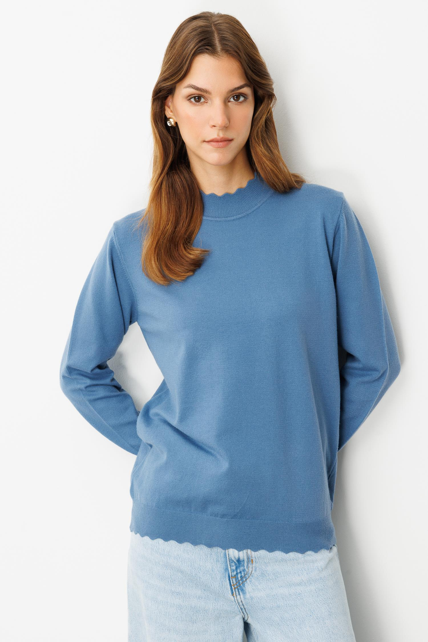 Yarım Balıkçı Angora Triko Kazak-İNDİGO