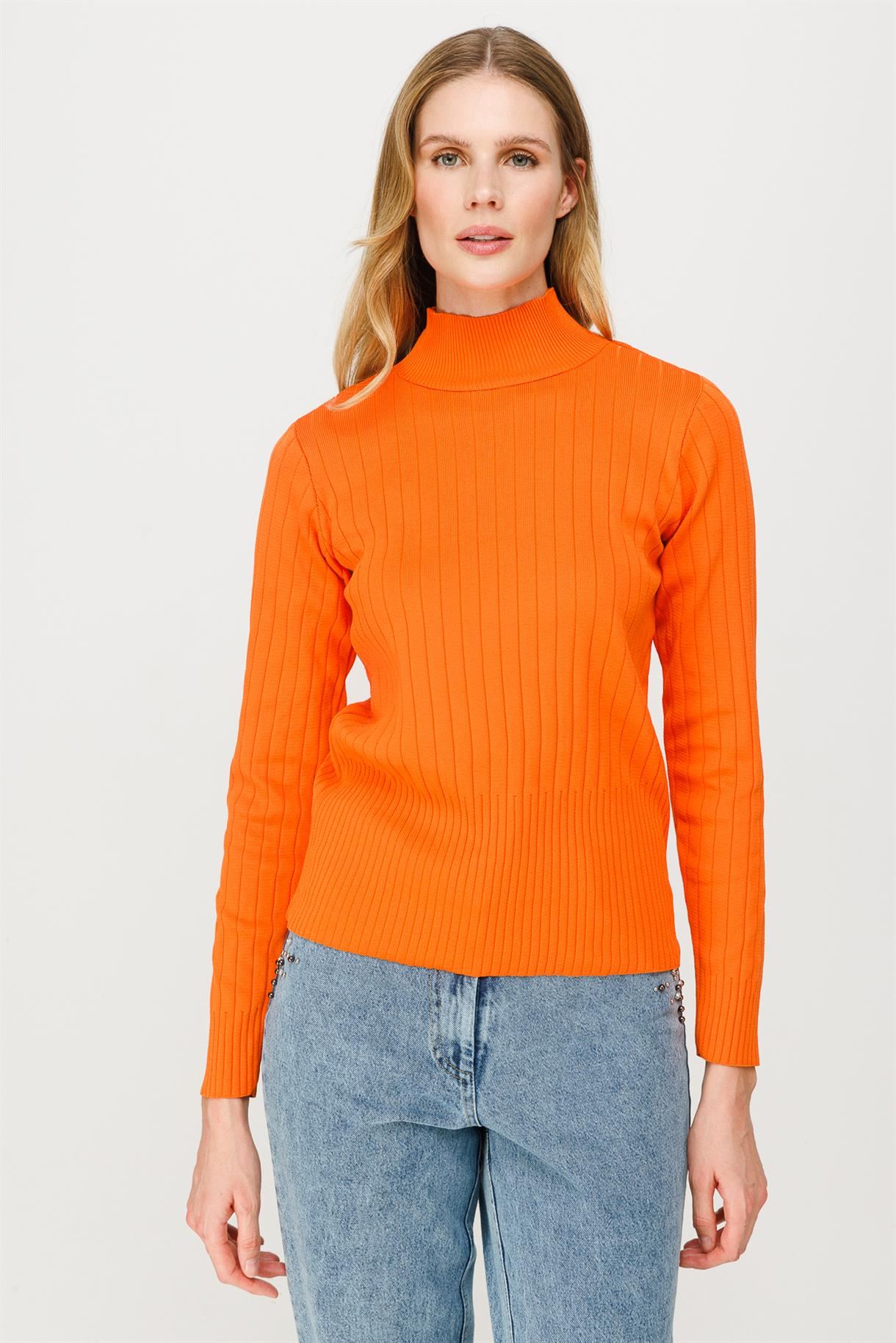 Yarım Balıkçı Fitilli Basic Triko Kazak - ORANJE