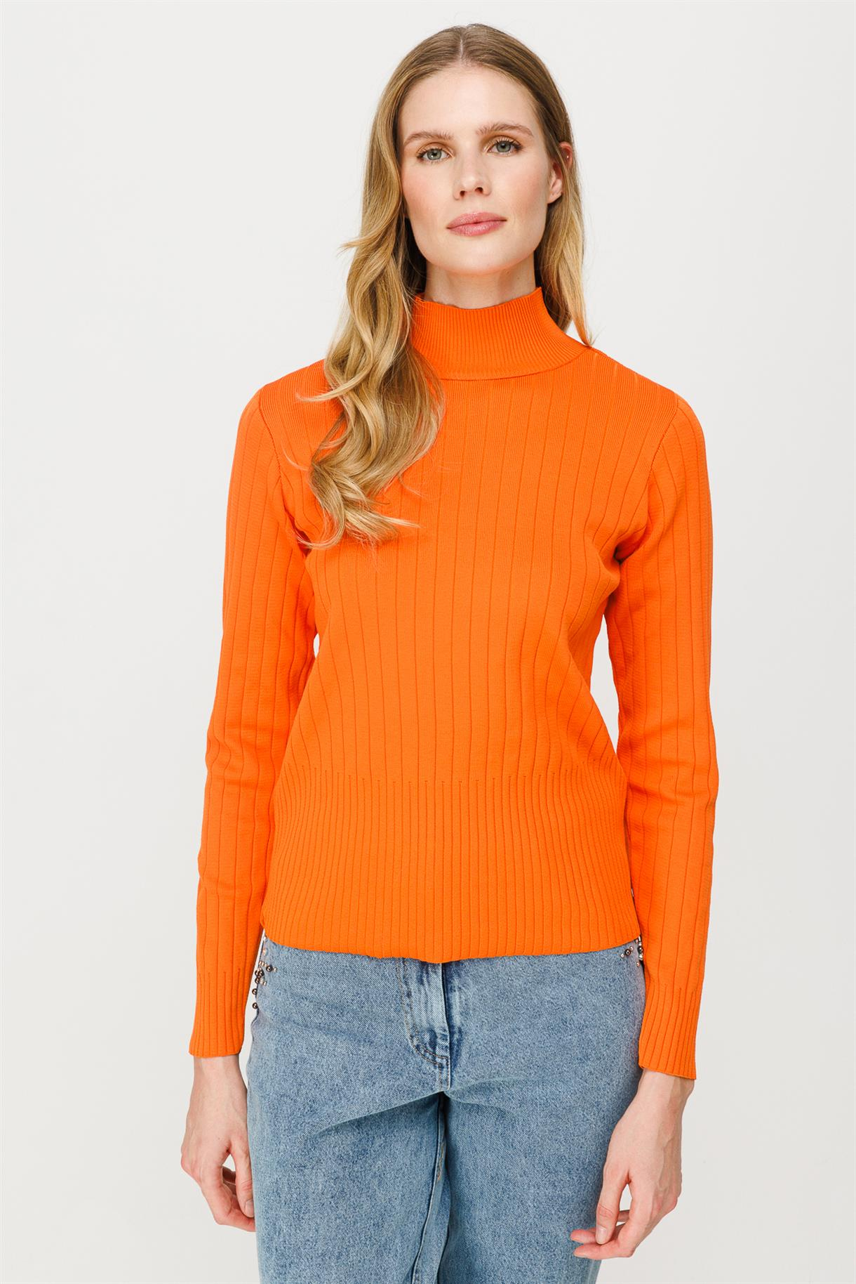 Yarım Balıkçı Fitilli Basic Triko Kazak - ORANJE
