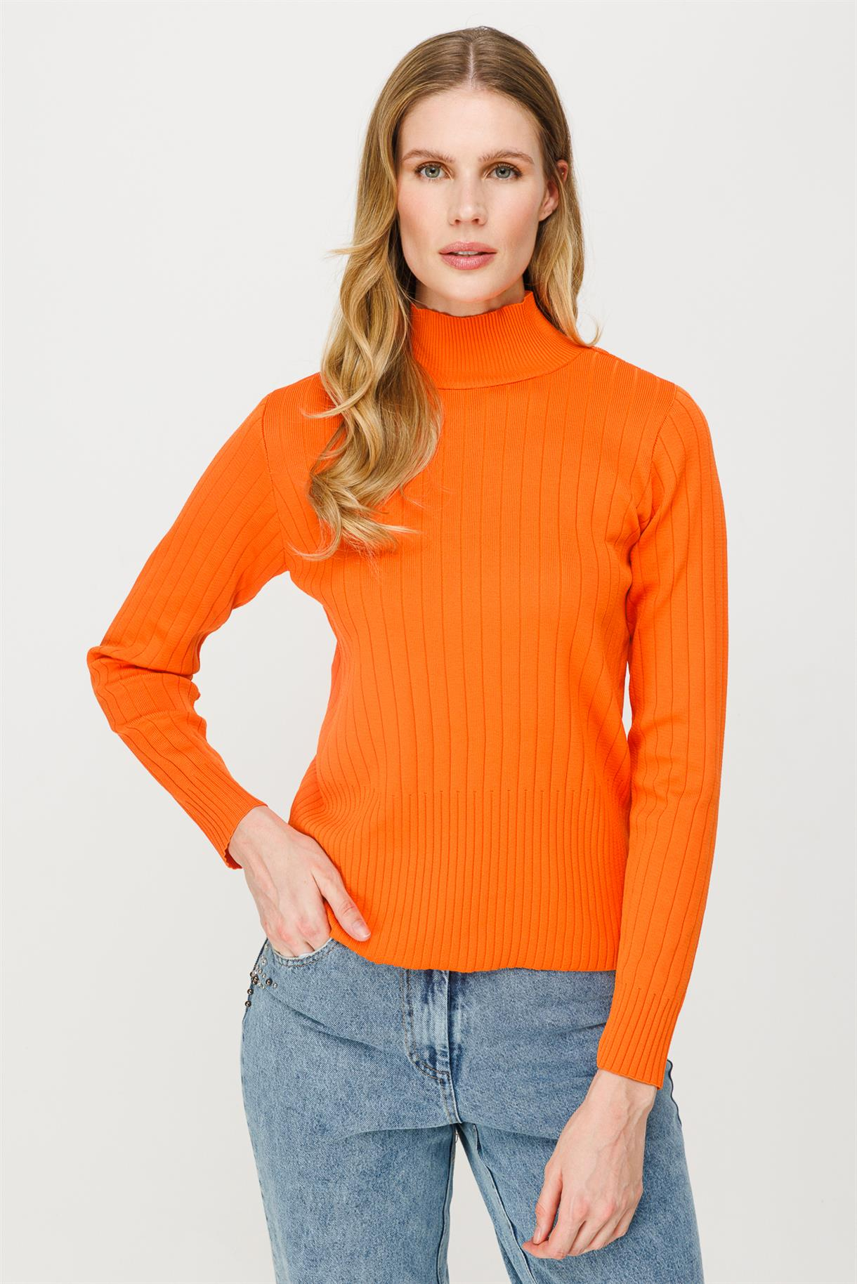 Yarım Balıkçı Fitilli Basic Triko Kazak - ORANJE