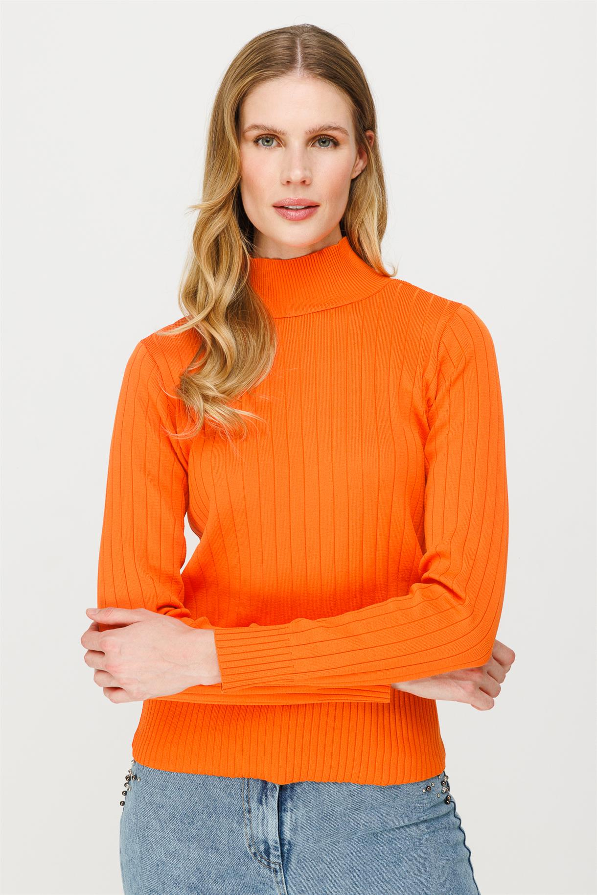 Yarım Balıkçı Fitilli Basic Triko Kazak - ORANJE