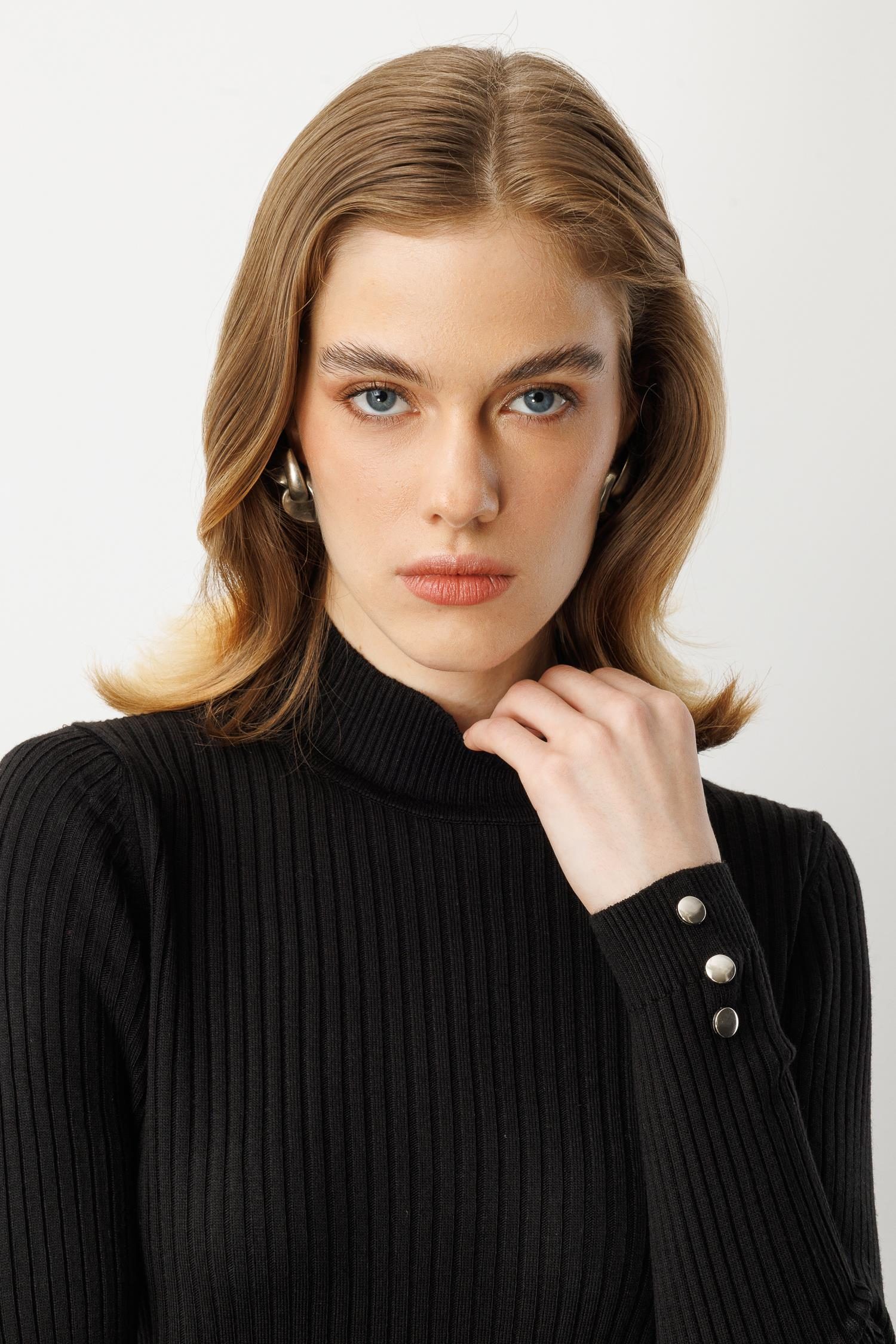 Yarım Balıkçı Fitilli Triko Kazak-SİYAH