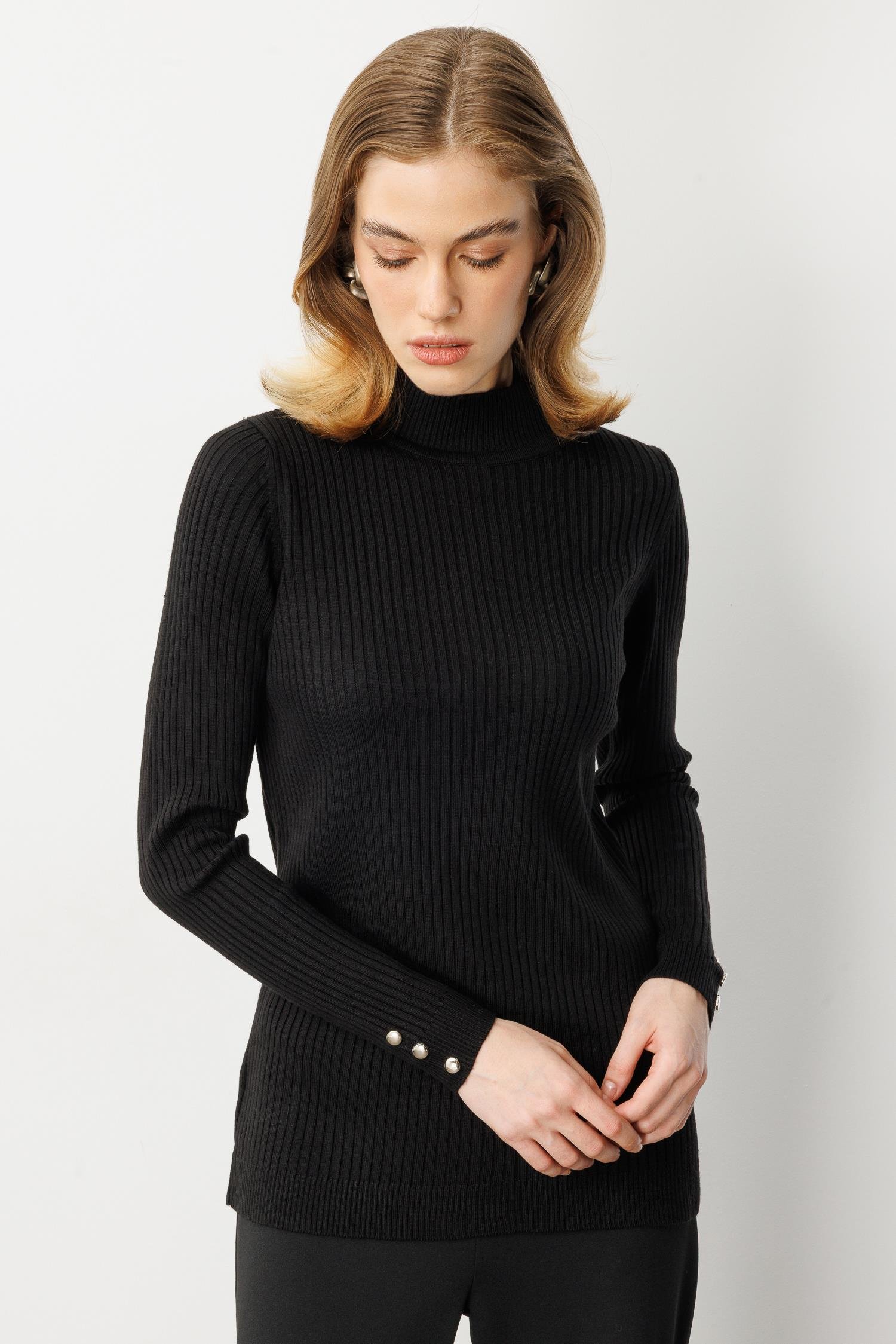 Yarım Balıkçı Fitilli Triko Kazak-SİYAH