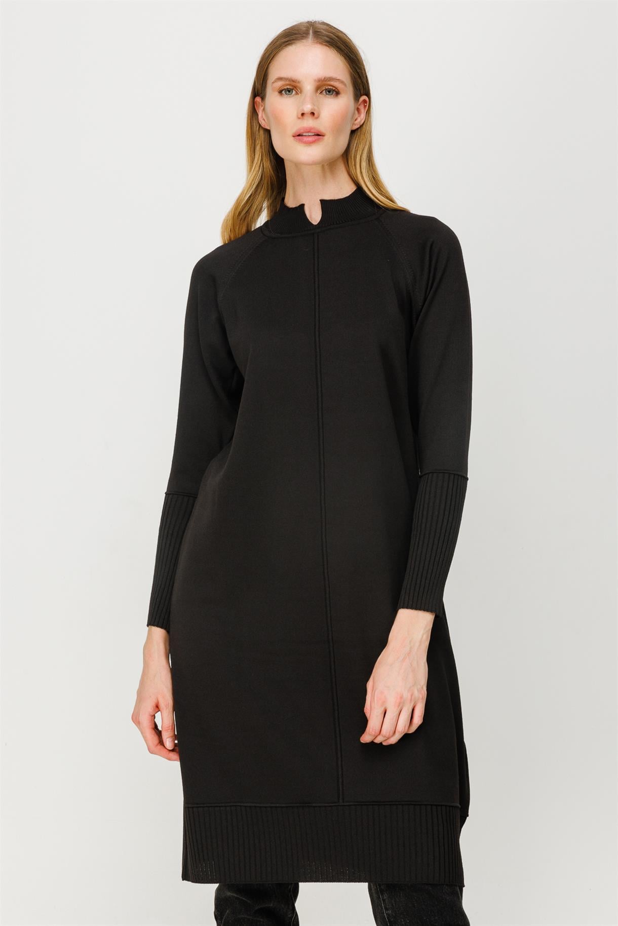 Yarım Balıkçı Reglan Kol Basic Triko Tunik - SİYAH