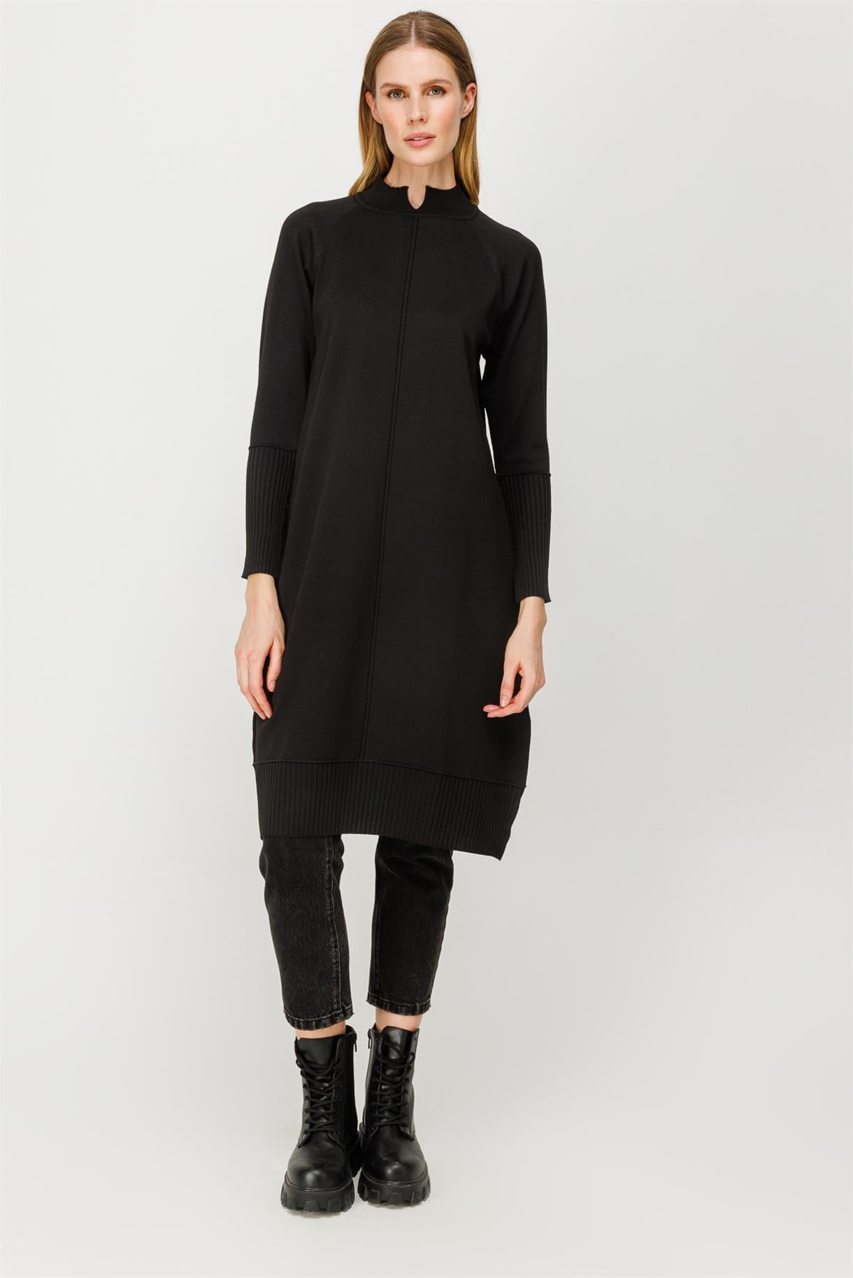 Yarım Balıkçı Reglan Kol Basic Triko Tunik - SİYAH