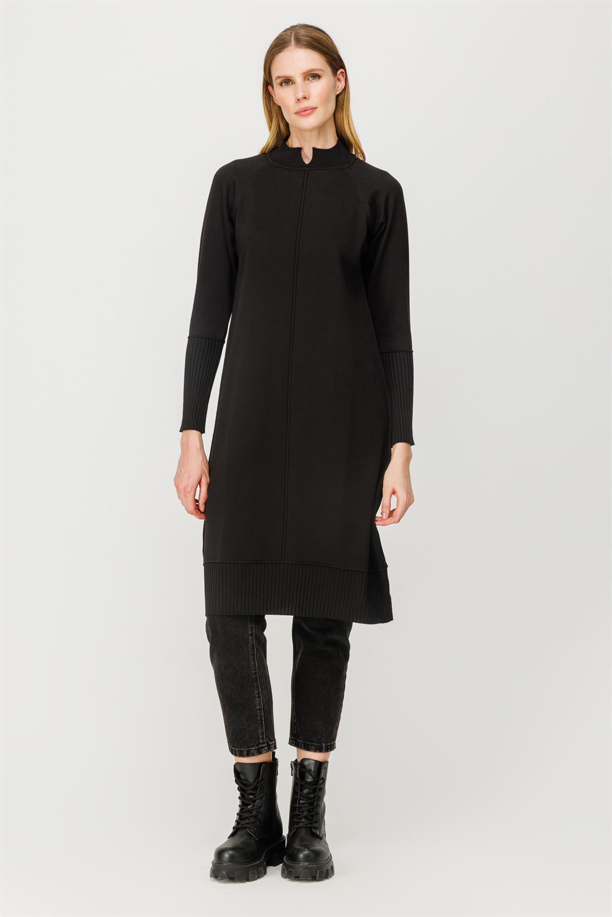 Yarım Balıkçı Reglan Kol Basic Triko Tunik - SİYAH