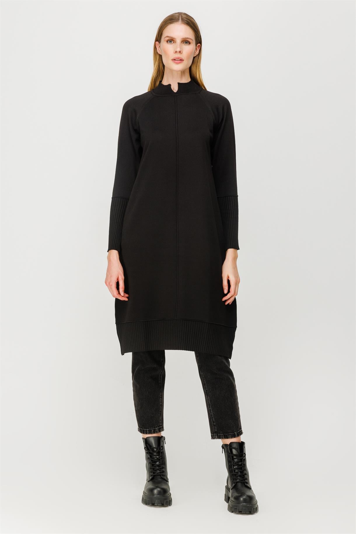 Yarım Balıkçı Reglan Kol Basic Triko Tunik - SİYAH