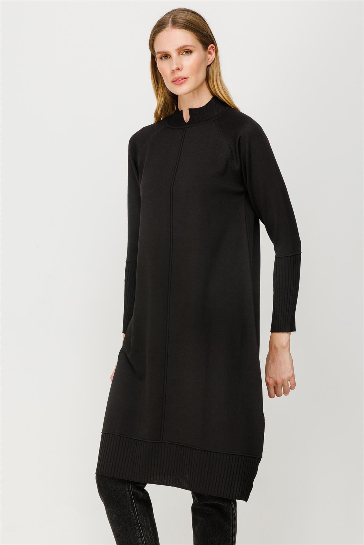 Yarım Balıkçı Reglan Kol Basic Triko Tunik - SİYAH
