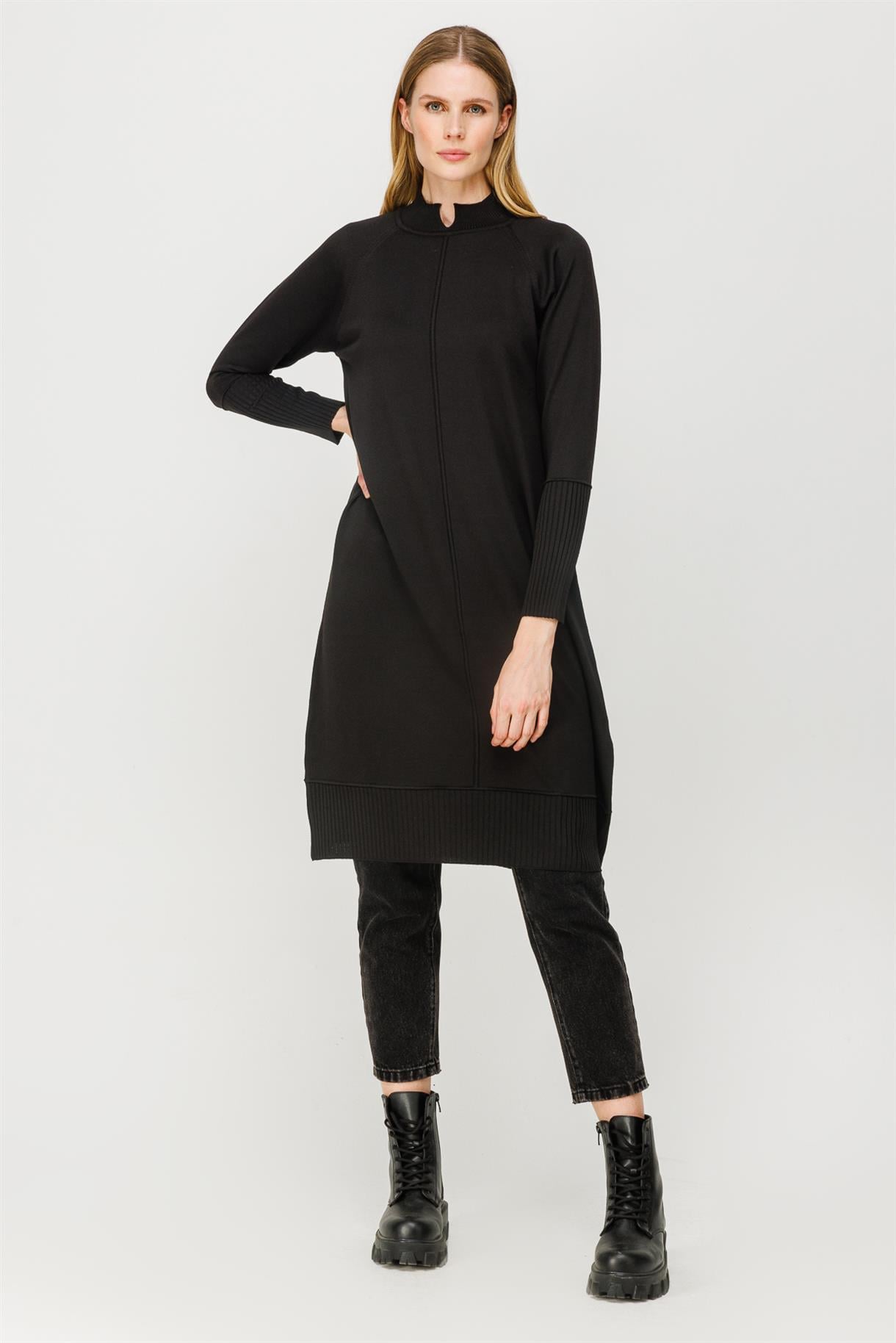 Yarım Balıkçı Reglan Kol Basic Triko Tunik - SİYAH