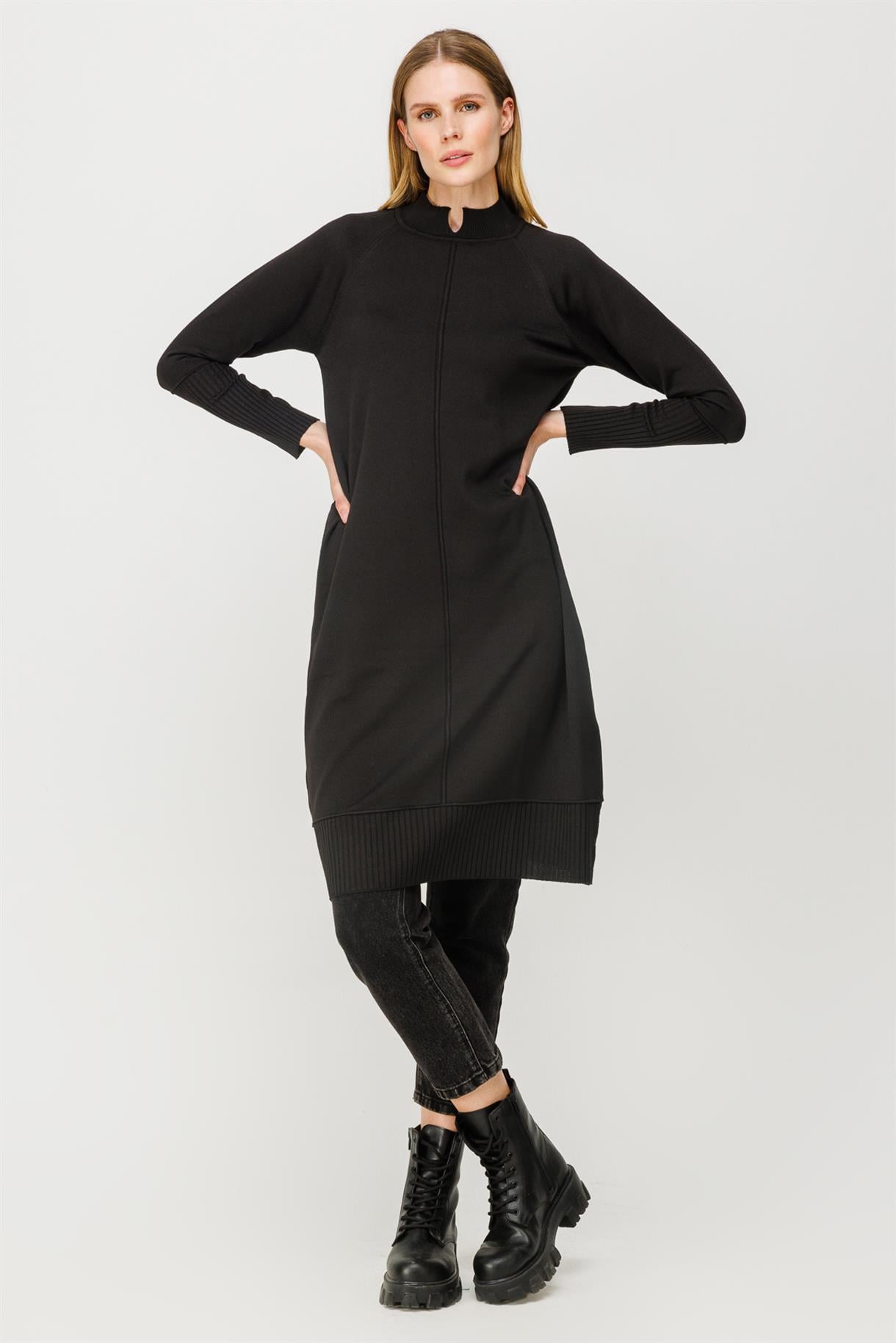 Yarım Balıkçı Reglan Kol Basic Triko Tunik - SİYAH