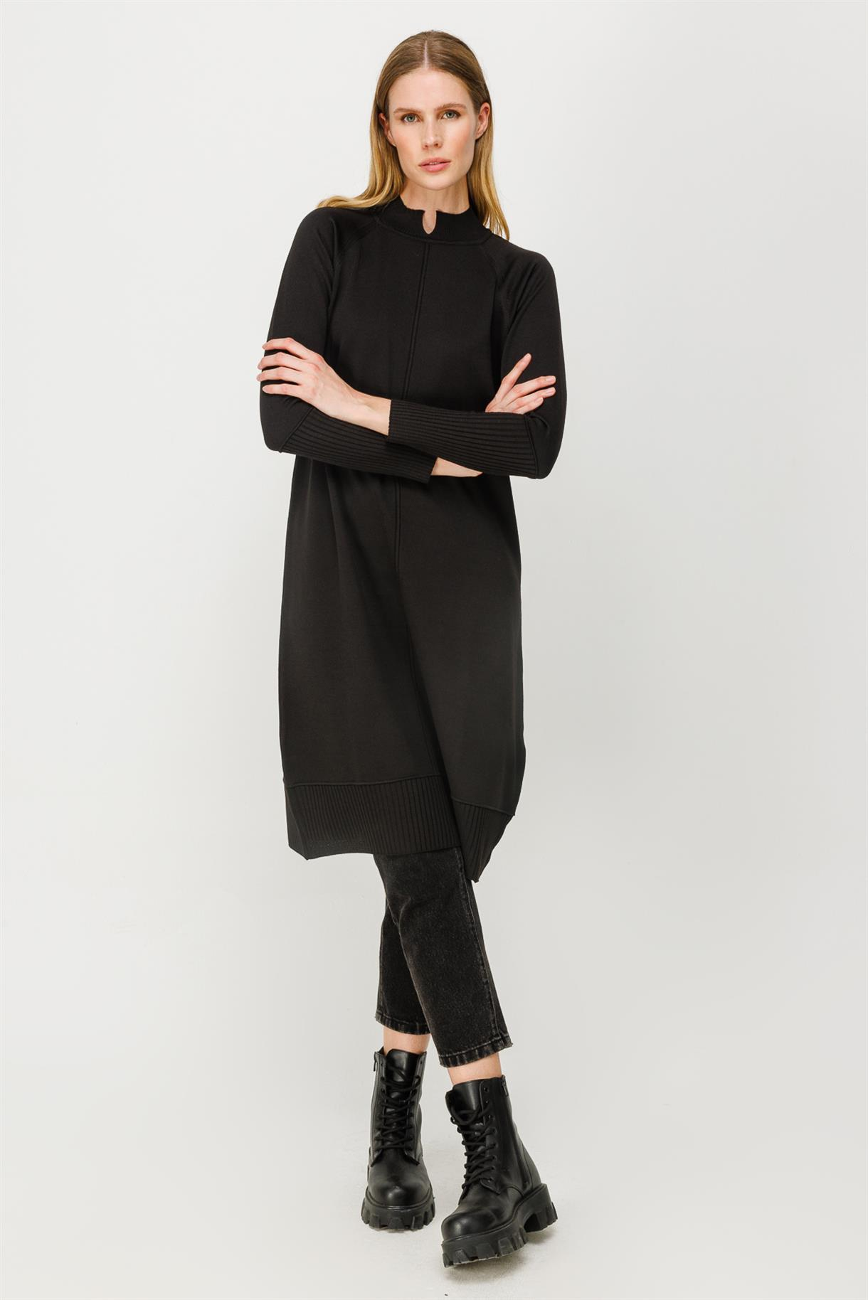 Yarım Balıkçı Reglan Kol Basic Triko Tunik - SİYAH