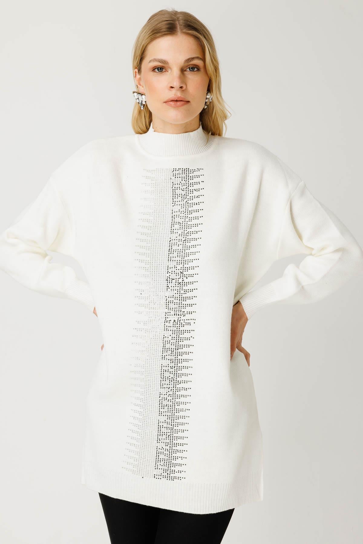 Yarım Balıkçı Taş Detaylı Triko Tunik - EKRU