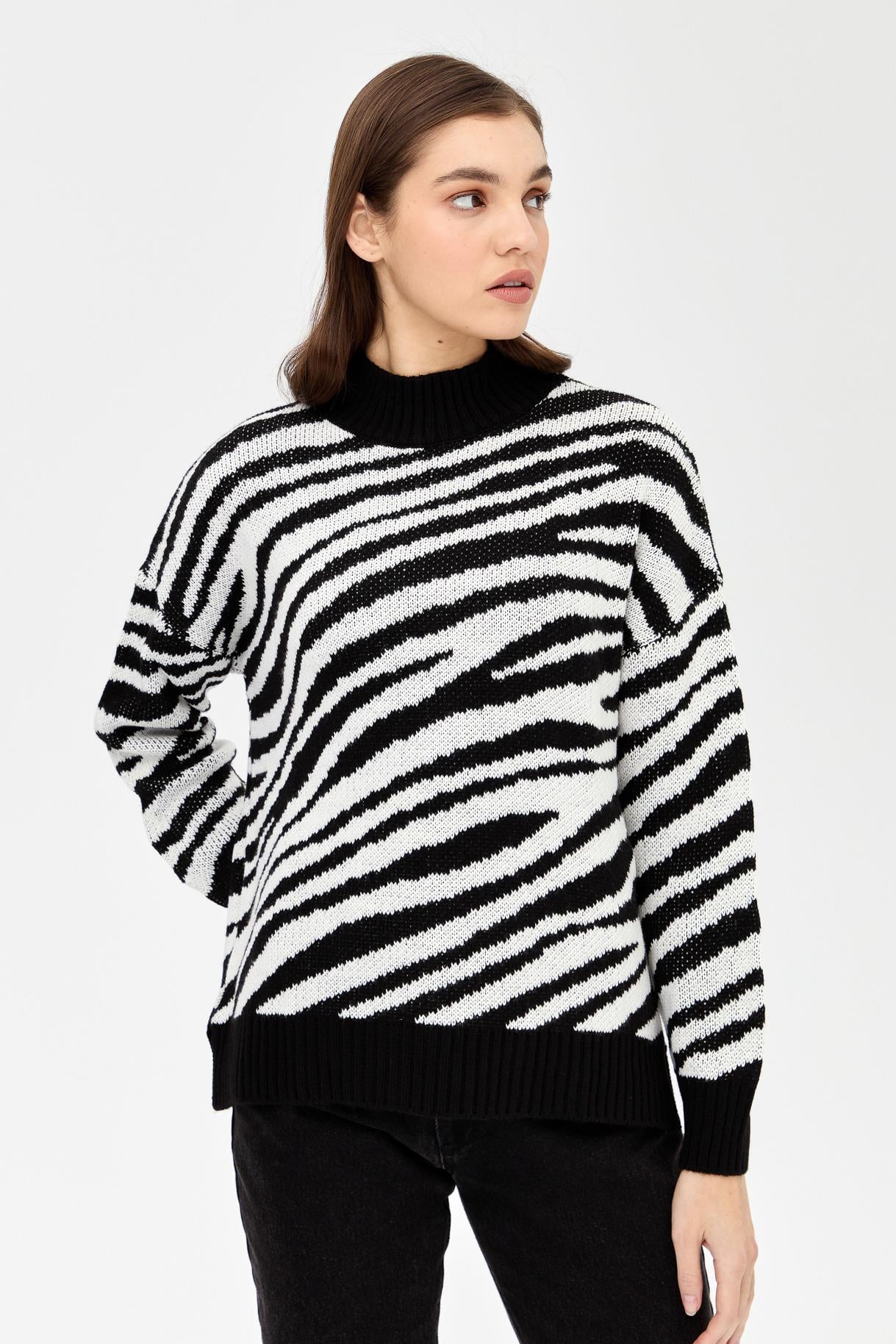 Yarım Balıkçı Zebra Desenli Triko Kazak - SİYAH