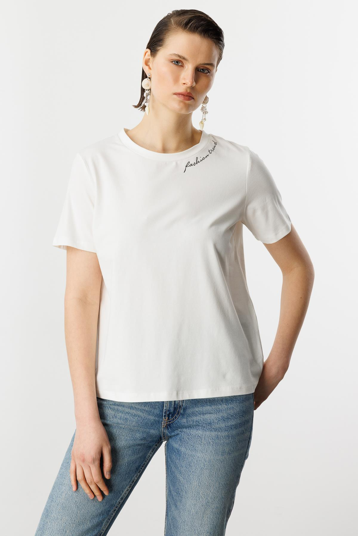 Yazı Detay Pamuklu Bluz-KEMIK