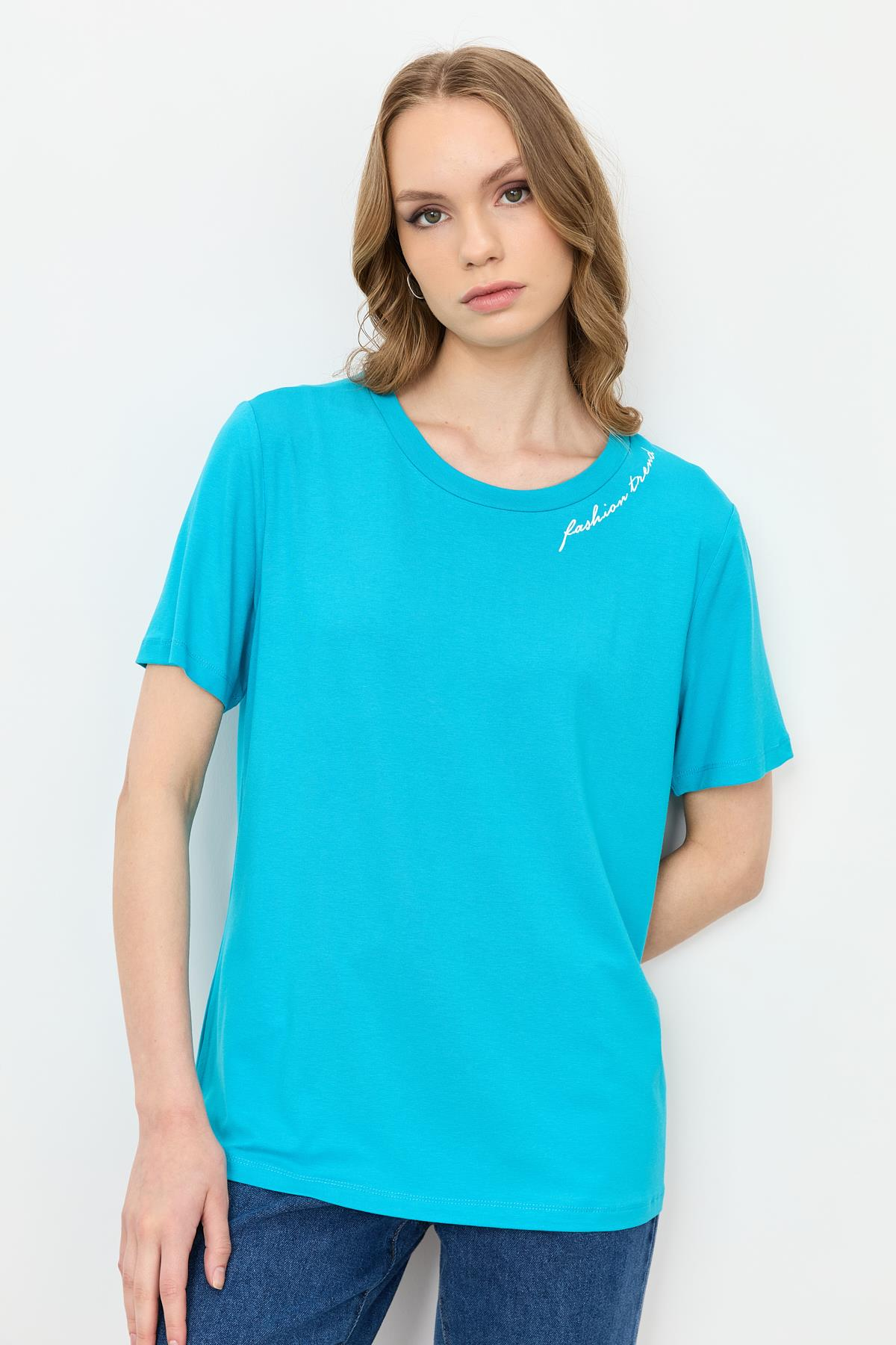 Yazı Detay Pamuklu Bluz-TURKUAZ
