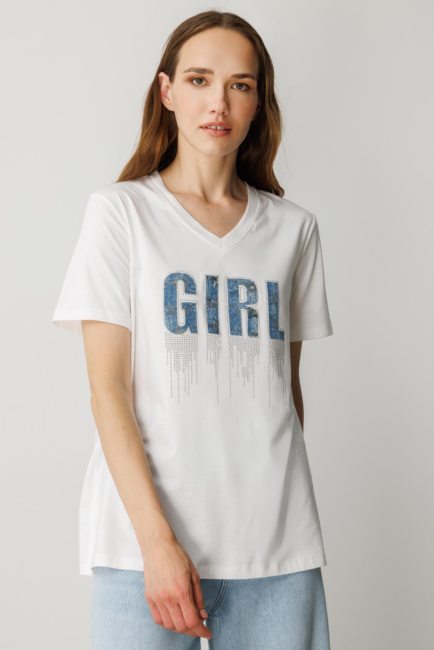 Yazı Detaylı Taşlı Tişört-KEMIK