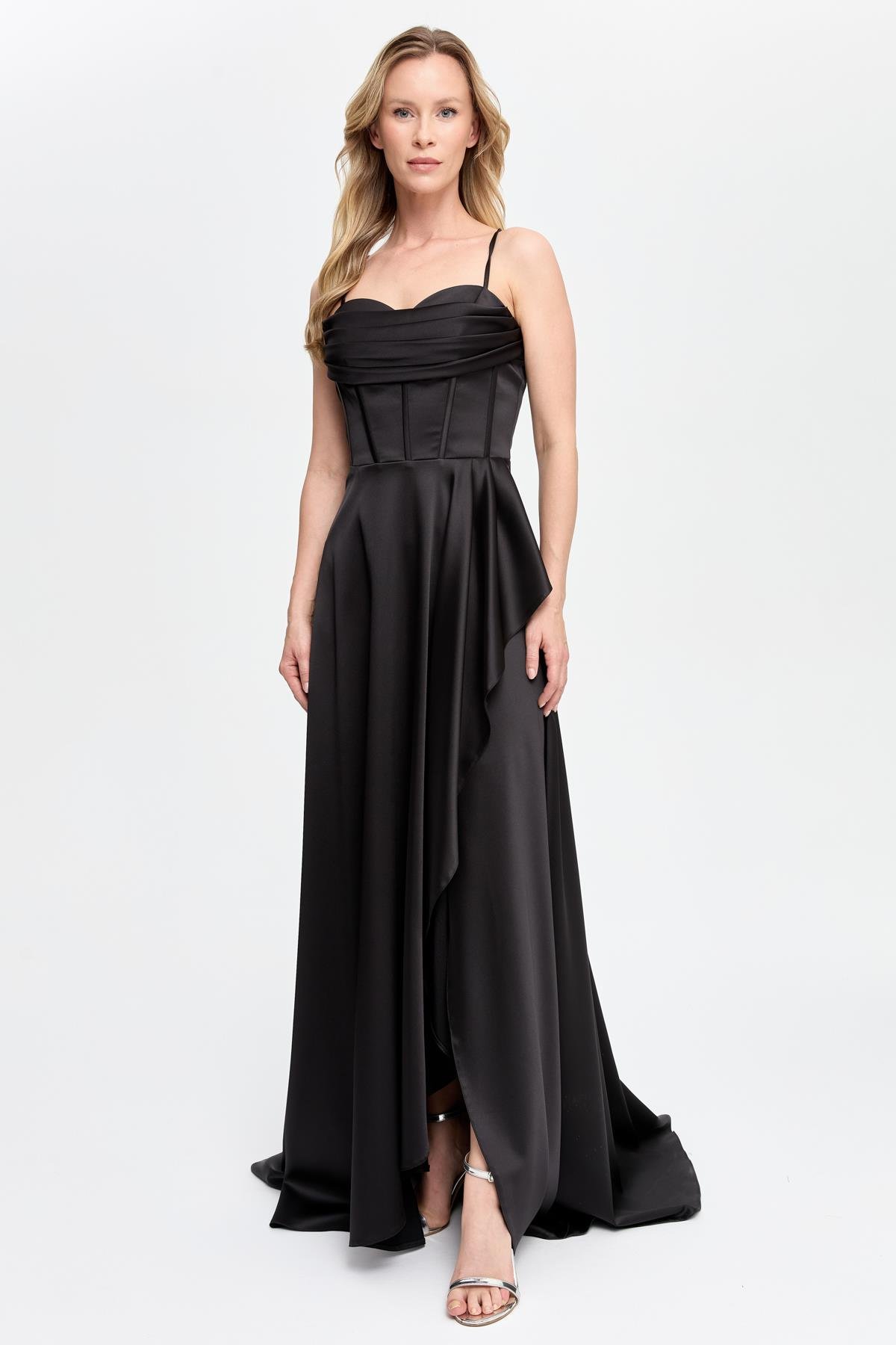 Yırtmaçlı Uzun Saten Abiye - SİYAH