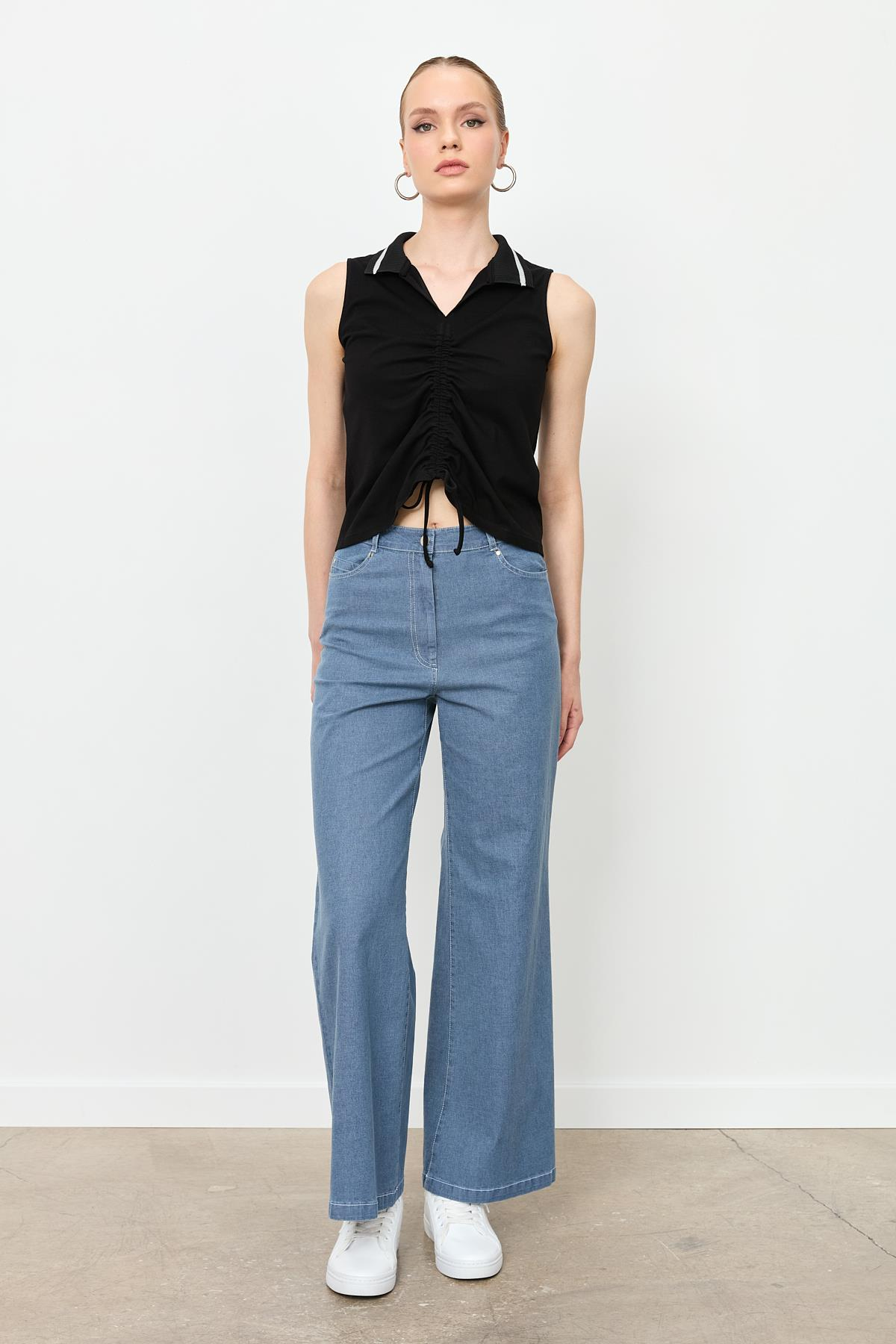 Yüksek Bel Bol Paça Kot Pantolon-MAVİ