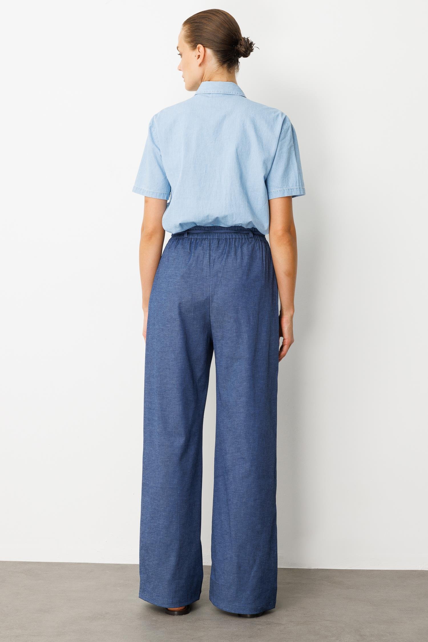 Yüksek Bel Bol Paça Pantolon-İNDİGO