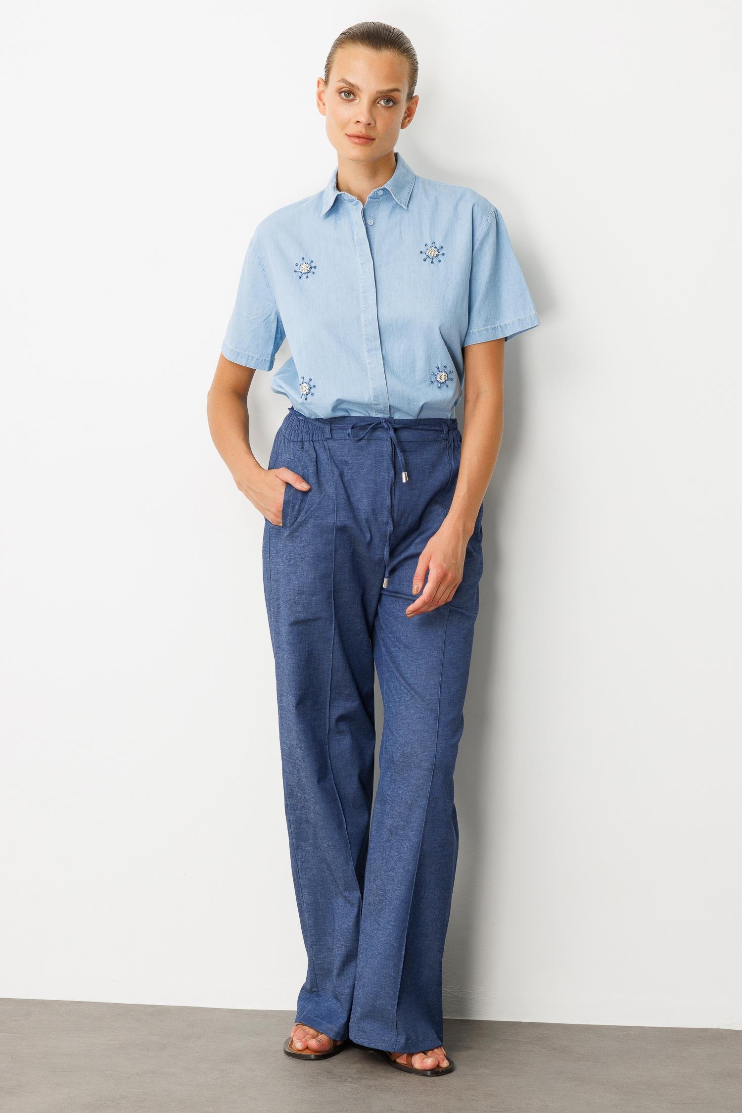 Yüksek Bel Bol Paça Pantolon-İNDİGO