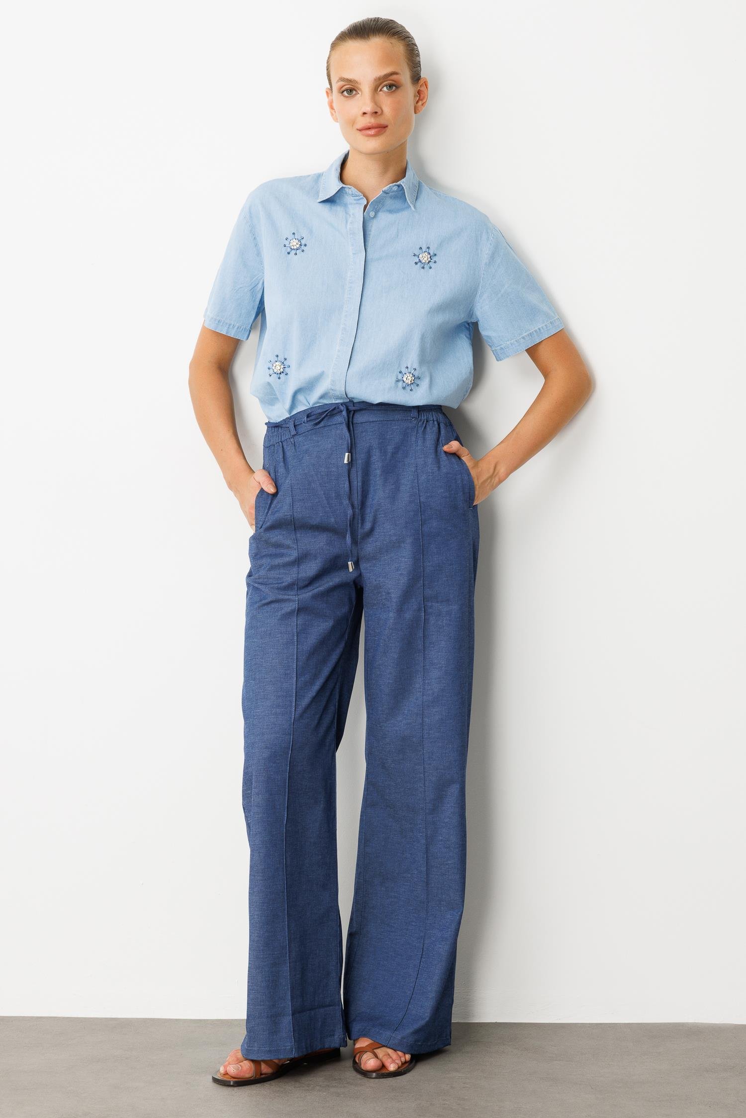 Yüksek Bel Bol Paça Pantolon-İNDİGO