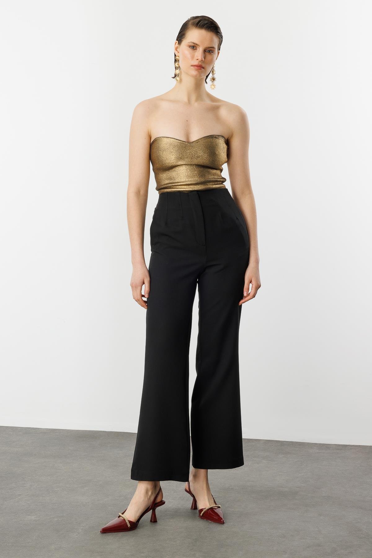 Yüksek Bel Bol Paça Pantolon-SİYAH