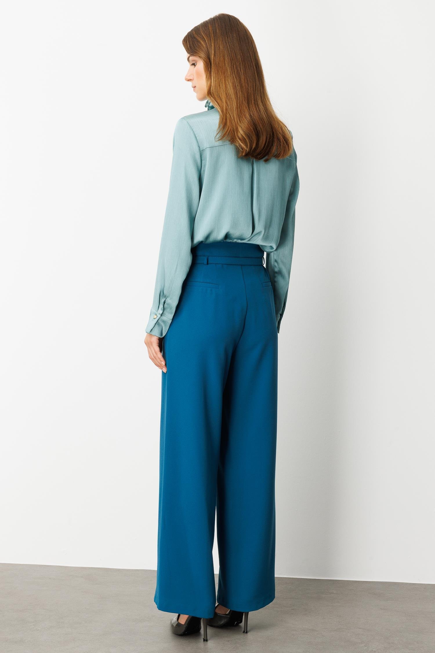 Yüksek Bel Kemer Detay Krep Pantolon-PETROL