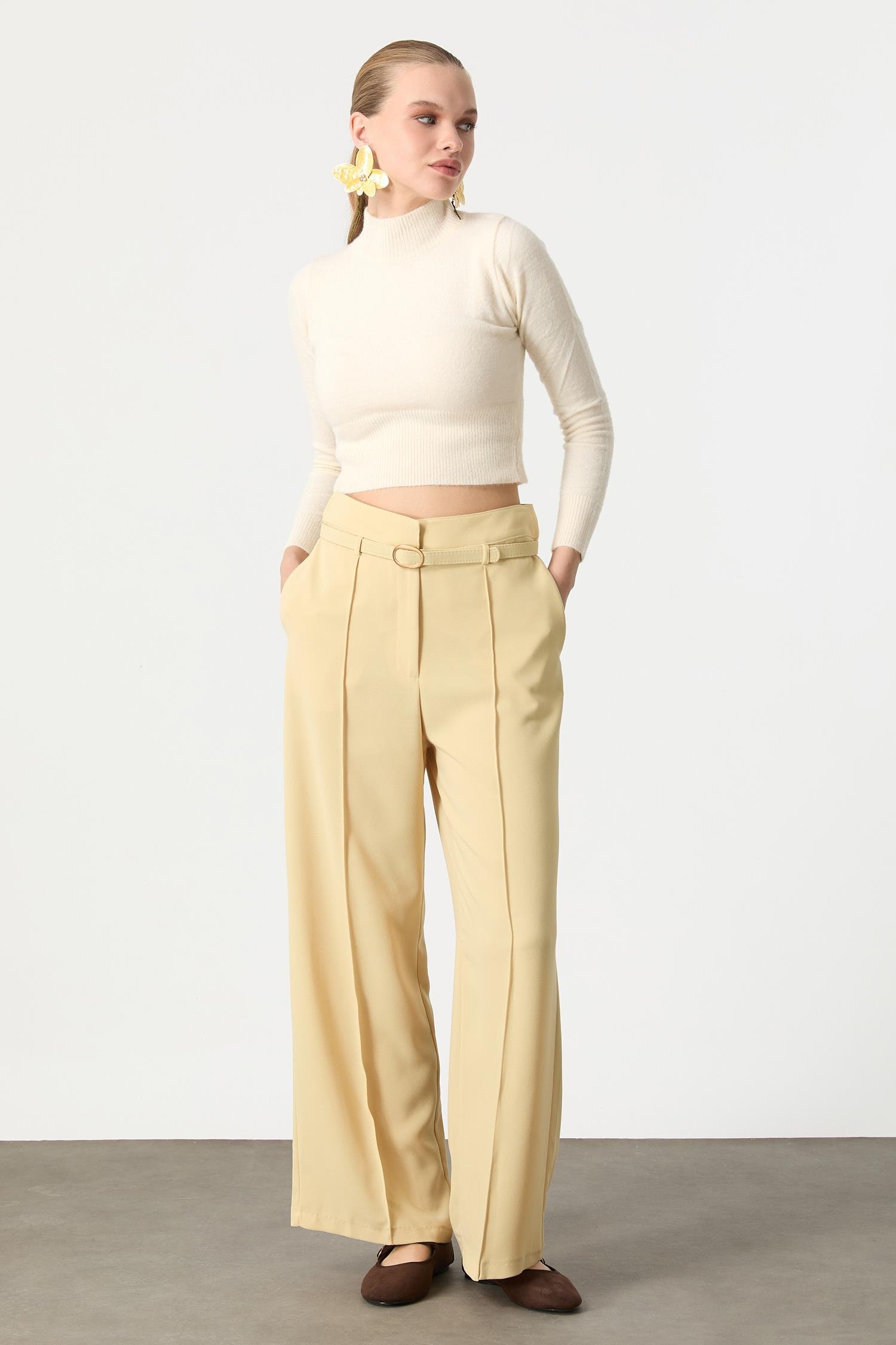 Yüksek Bel Kemer Detay Krep Pantolon-SARI