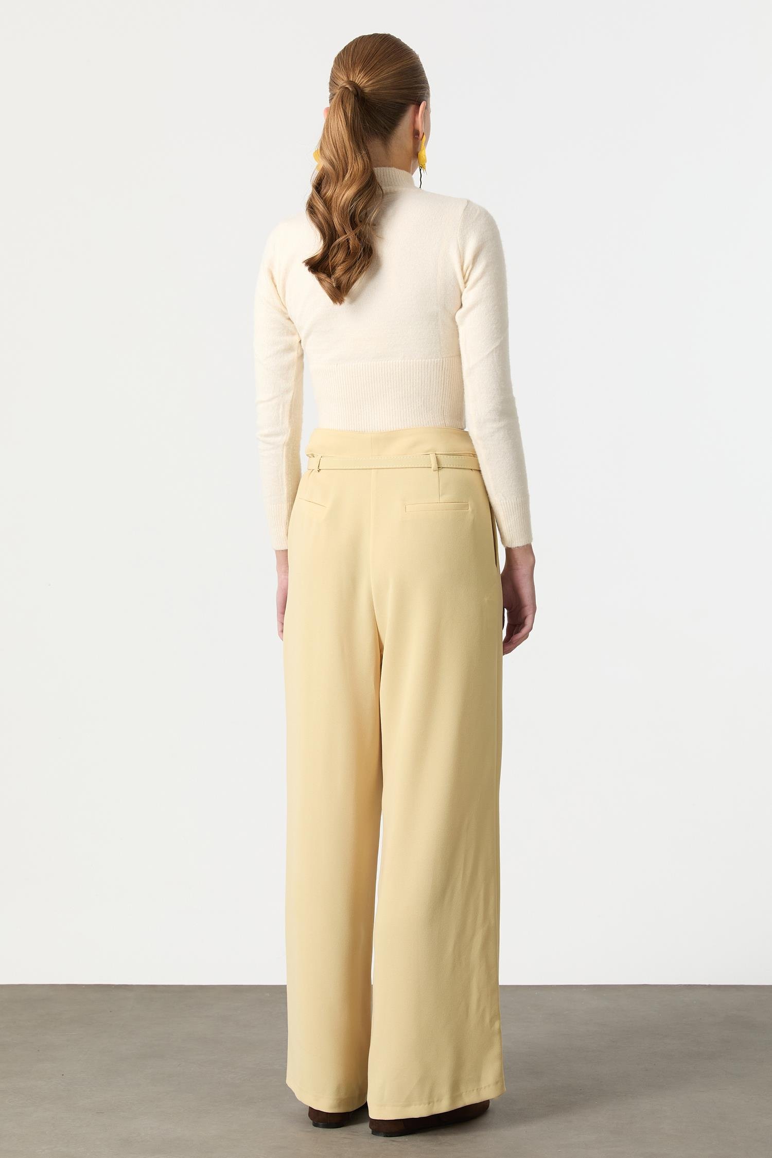 Yüksek Bel Kemer Detay Krep Pantolon-SARI