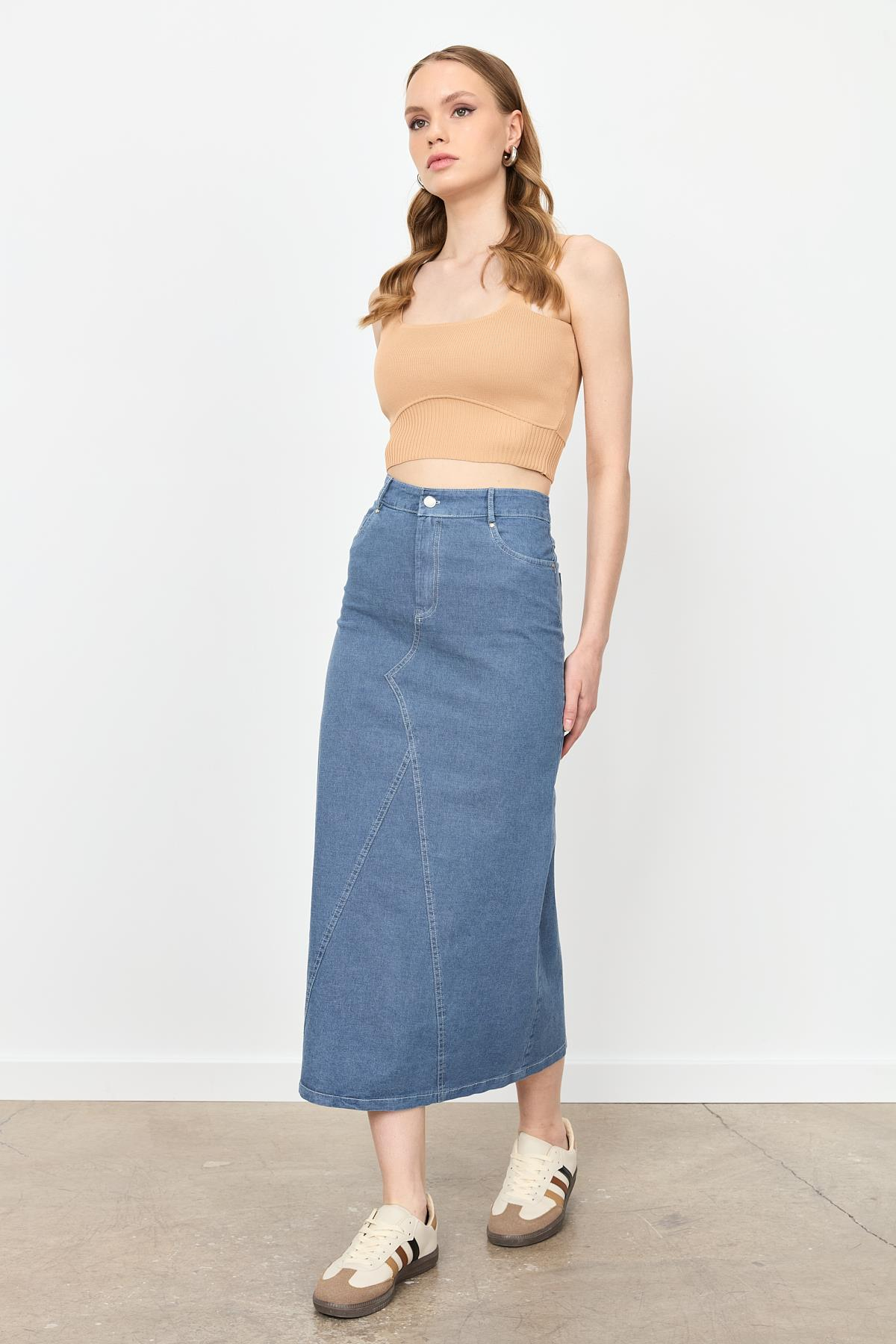 Yüksek Bel Uzun Kot Etek-MAVİ
