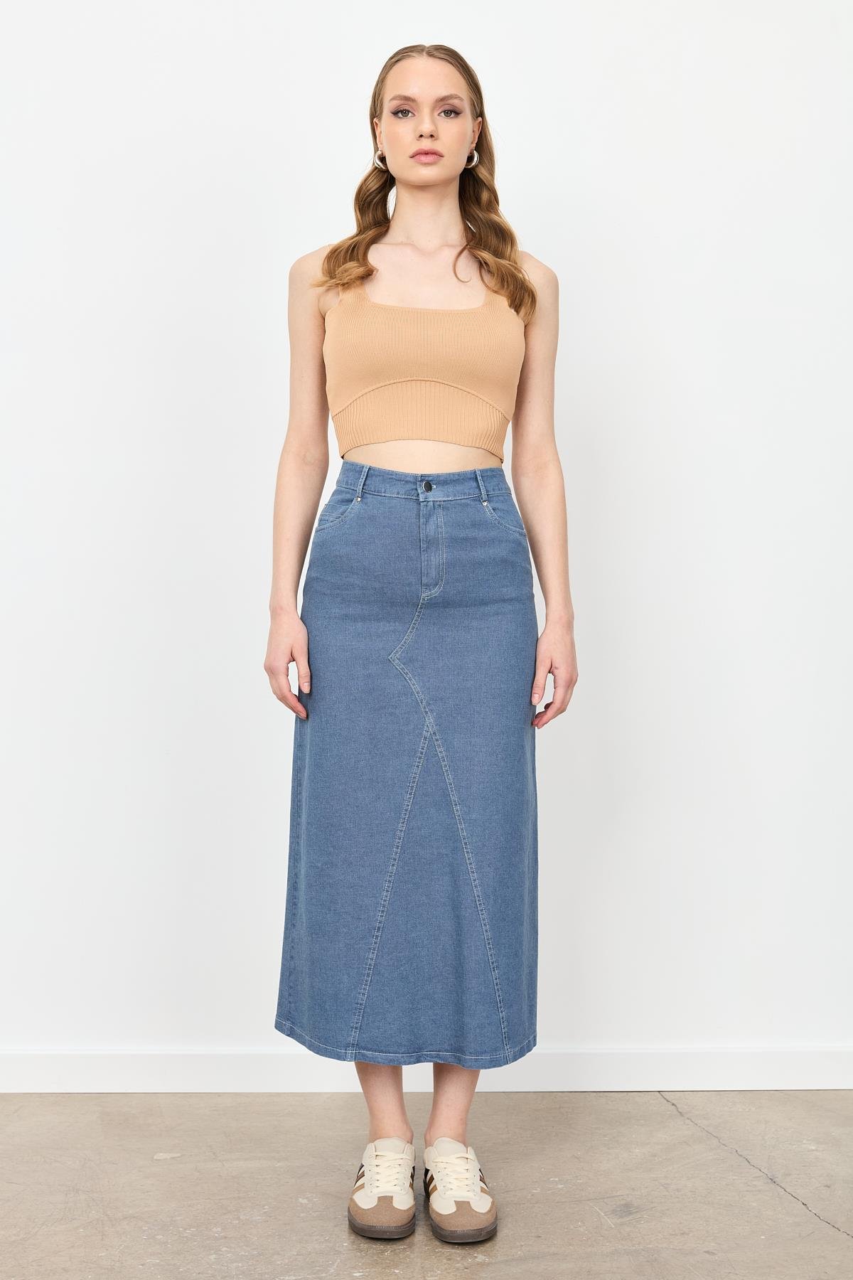 Yüksek Bel Uzun Kot Etek-MAVİ