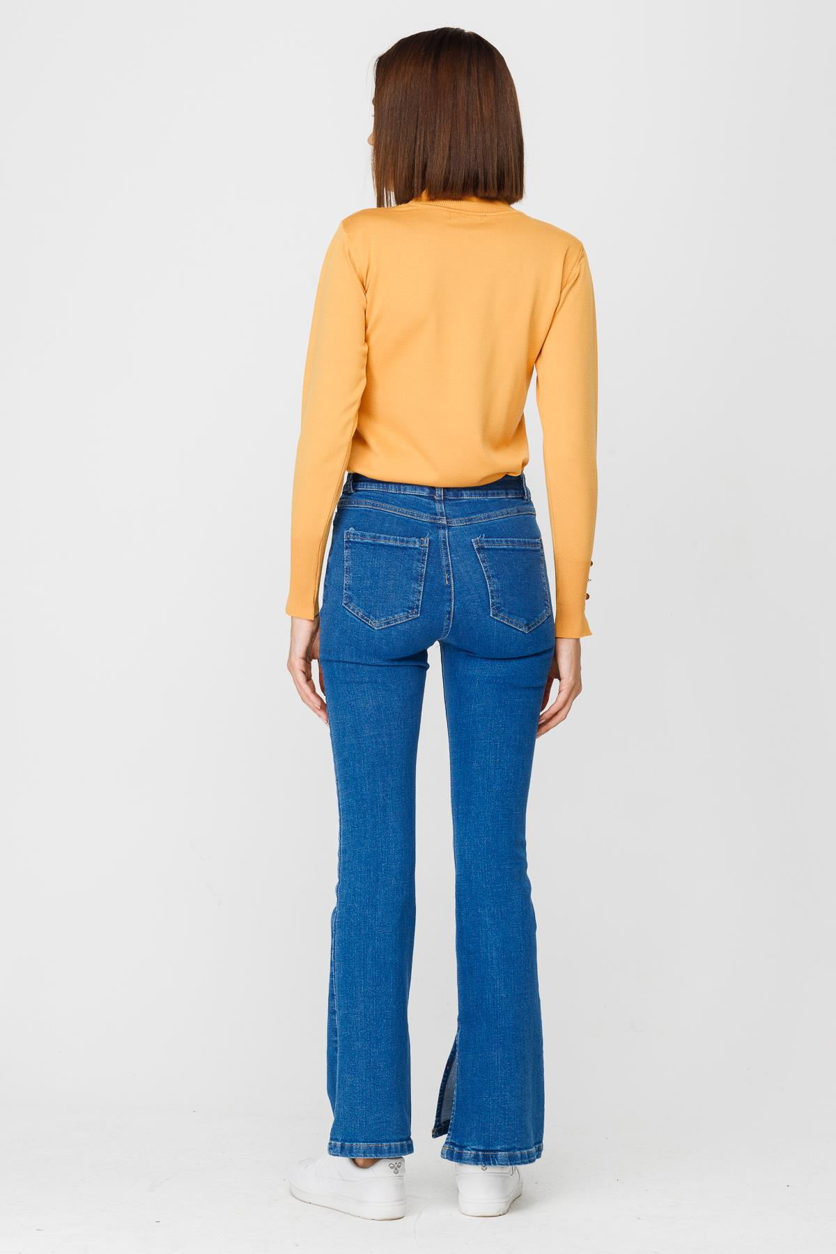 Yüksk Bel Yırtmaçlı Denim Pantolon - MAVİ