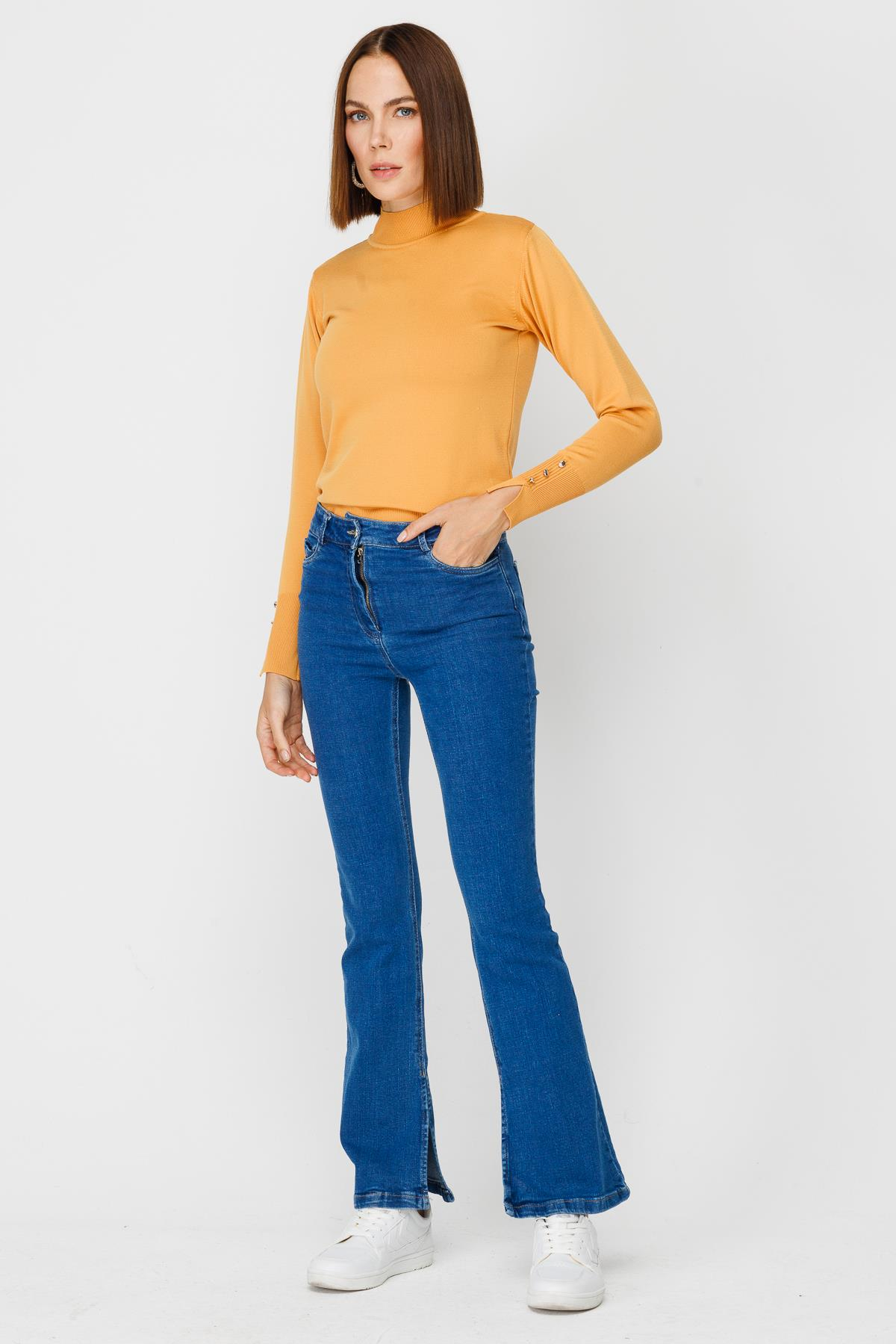 Yüksk Bel Yırtmaçlı Denim Pantolon - MAVİ