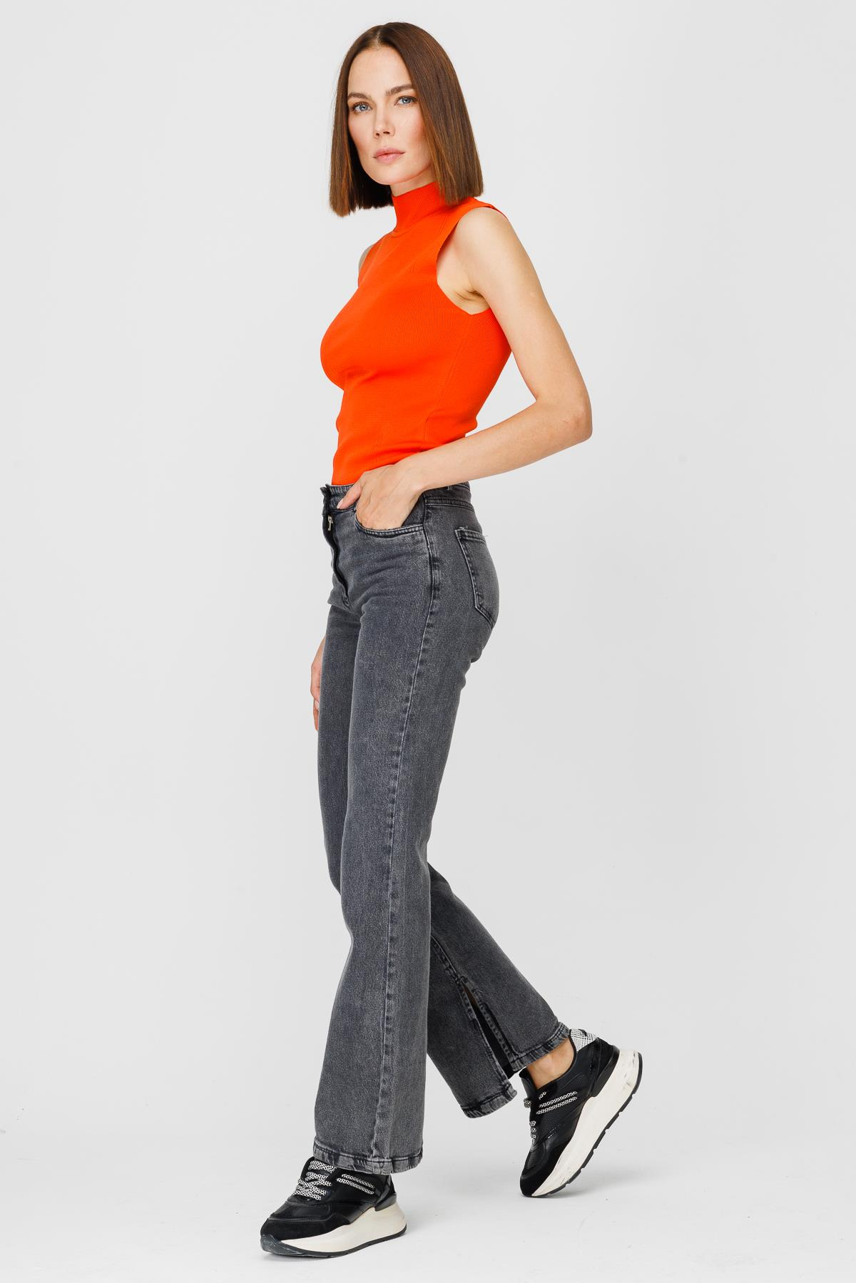 Yüksk Bel Yırtmaçlı Denim Pantolon - SİYAH