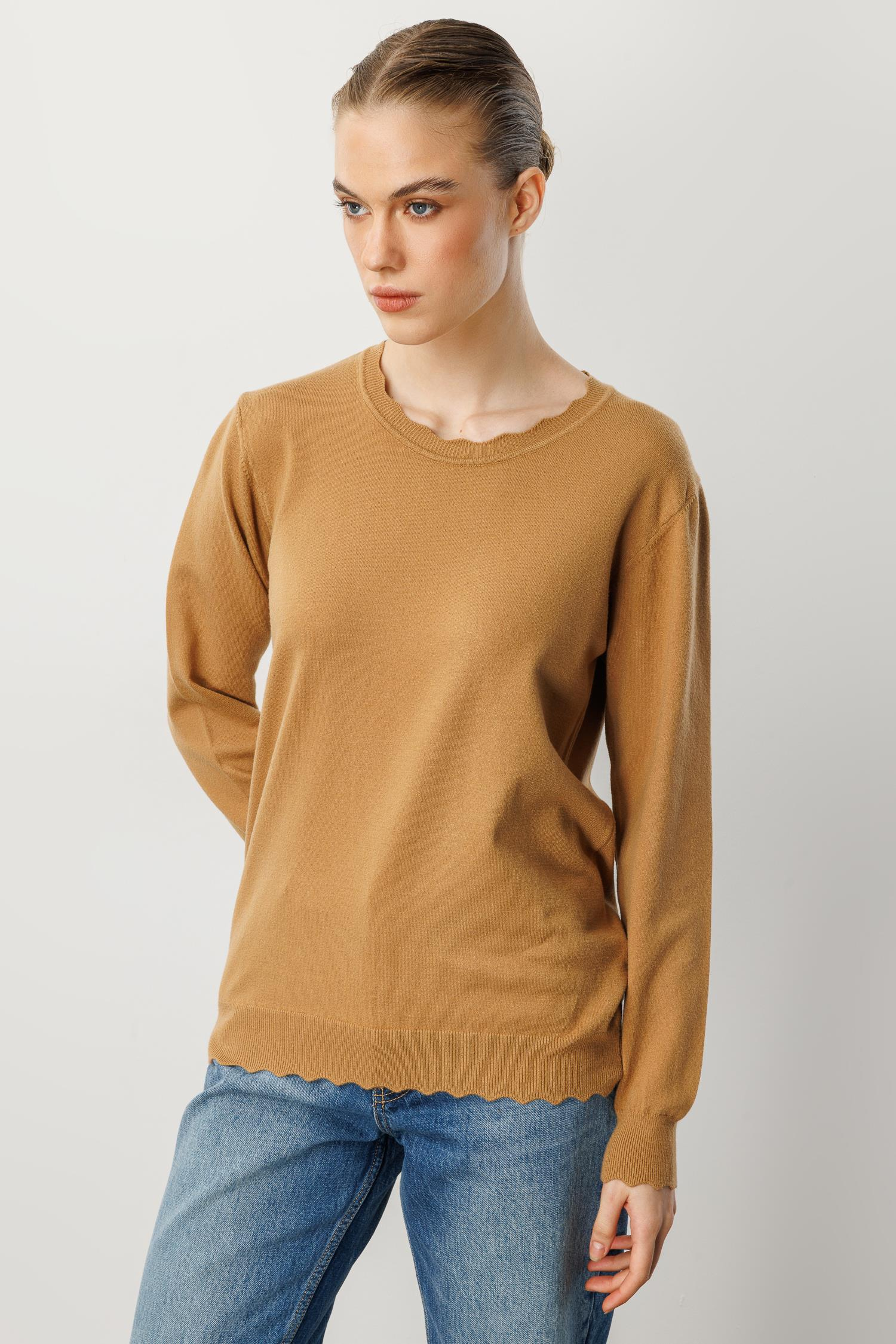 Yuvarlak Yaka Angora Triko Kazak-CAMEL