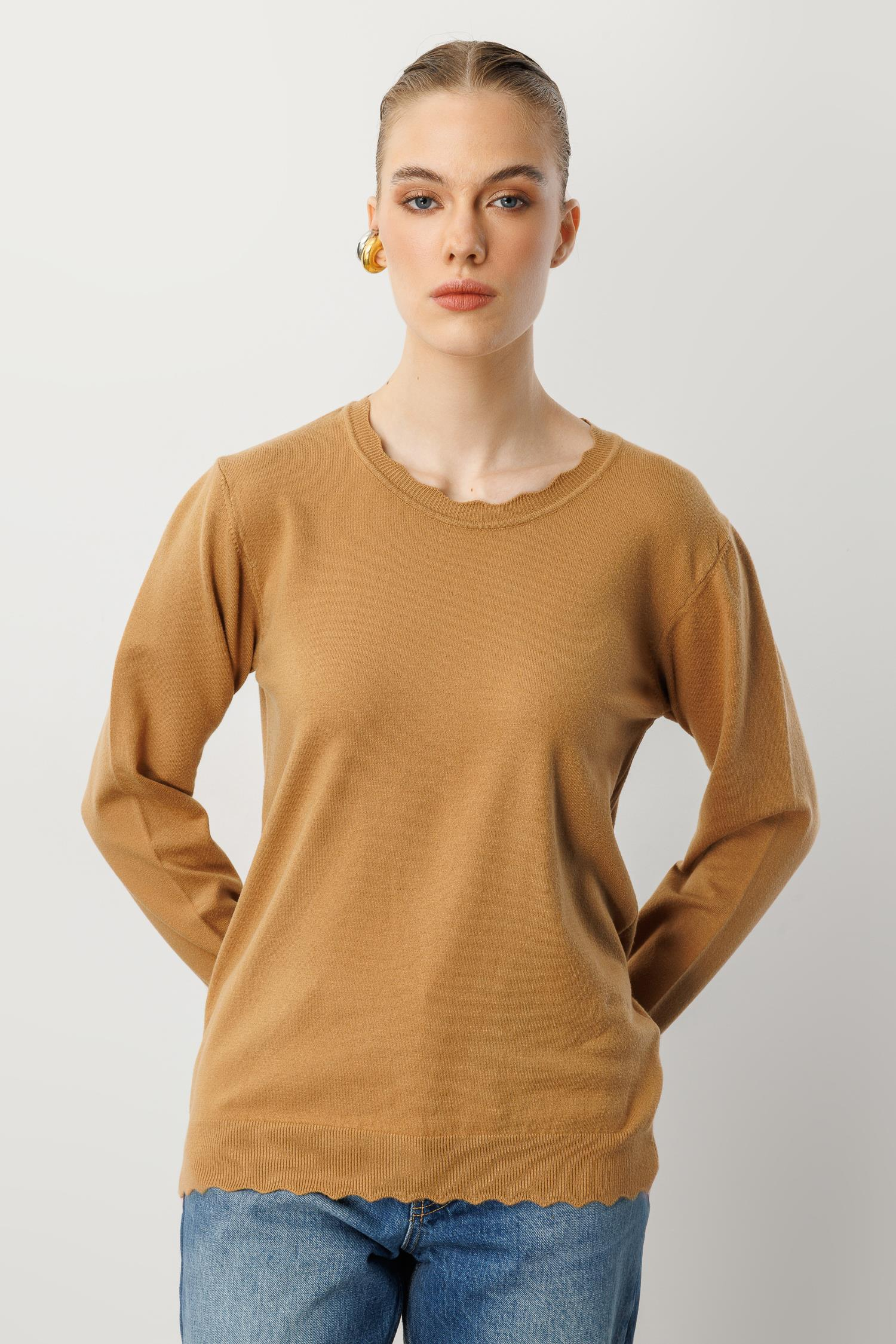 Yuvarlak Yaka Angora Triko Kazak-CAMEL