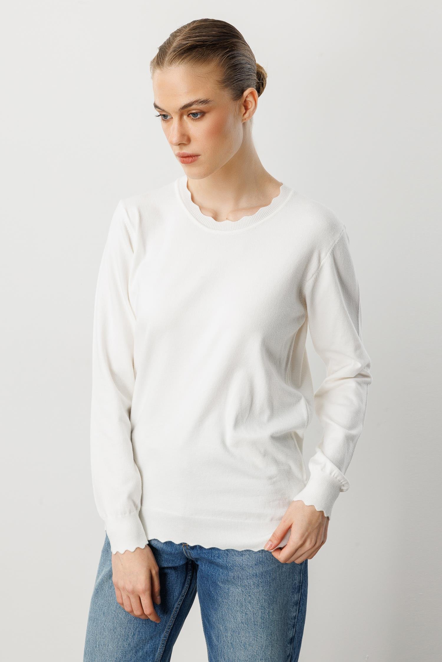 Yuvarlak Yaka Angora Triko Kazak-EKRU