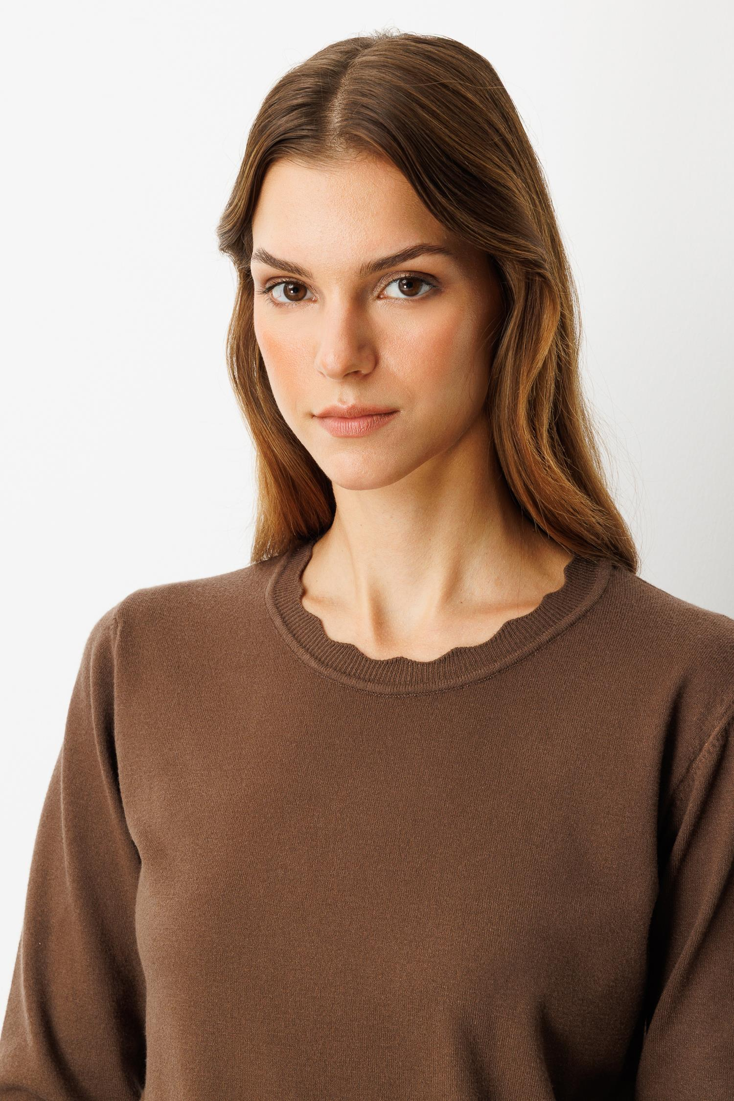 Yuvarlak Yaka Angora Triko Kazak-KAHVE