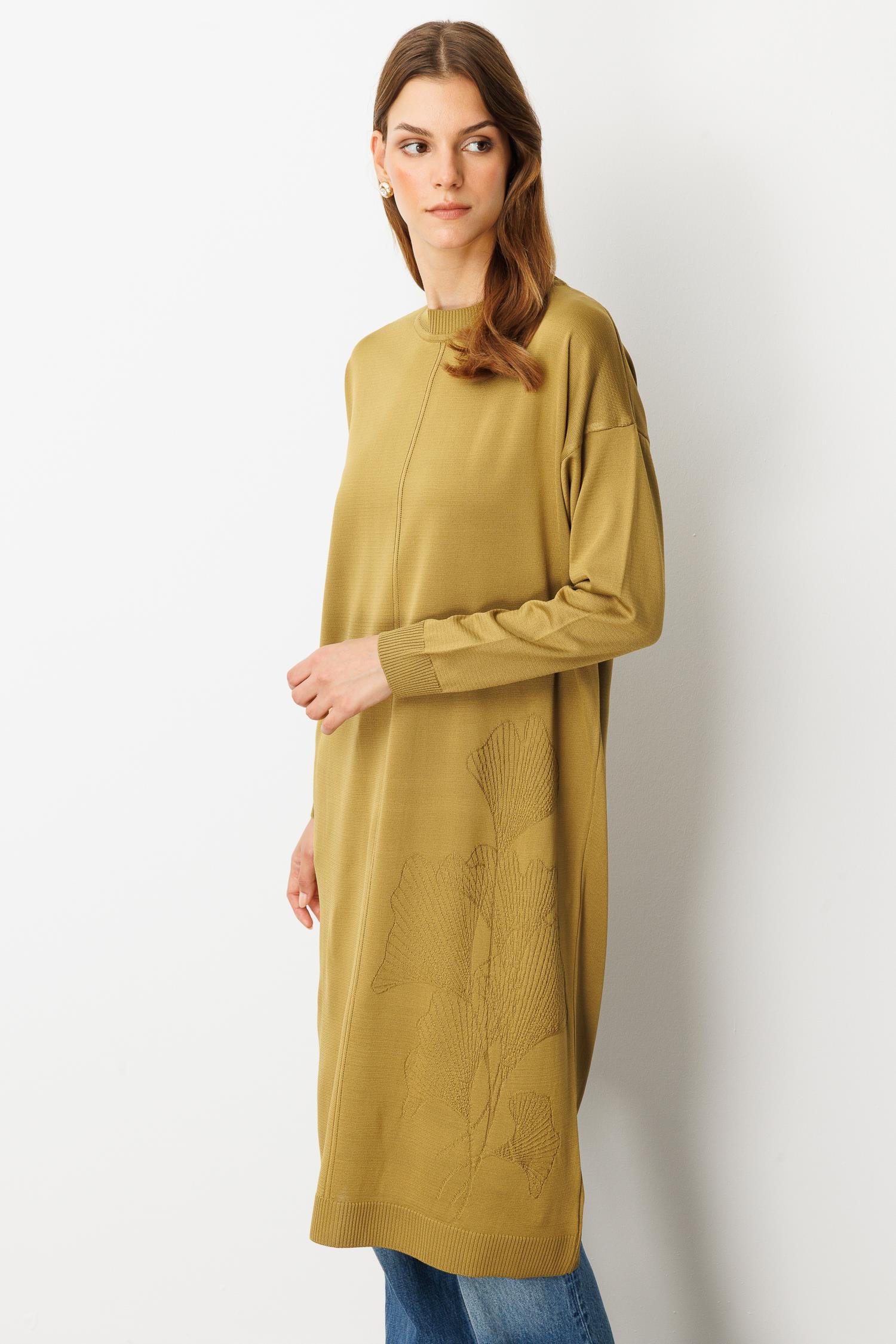 Yuvarlak Yaka Desenli Triko Tunik-Y.YEŞİLİ