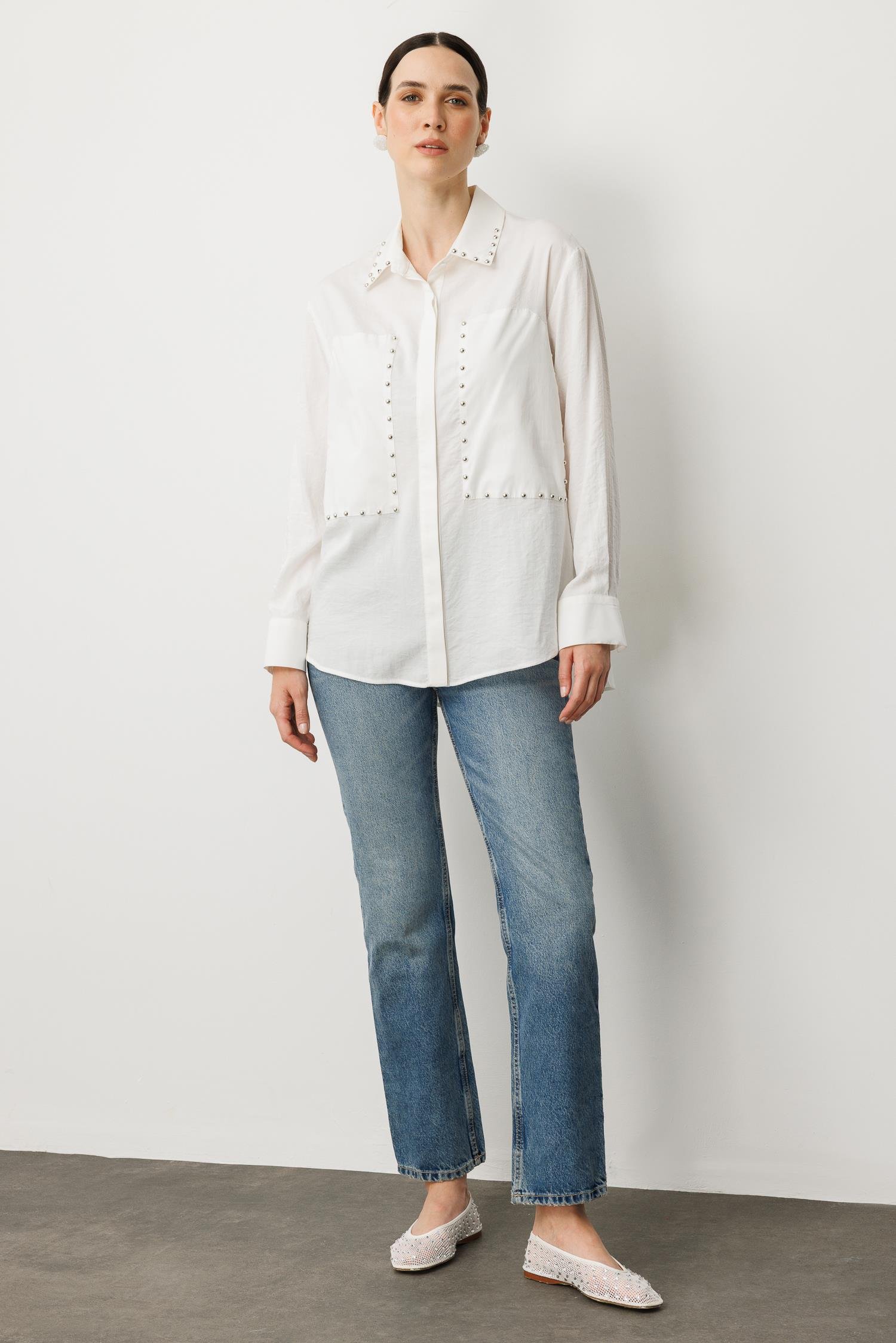 Zımba Detay Uzun Gömlek-KEMIK